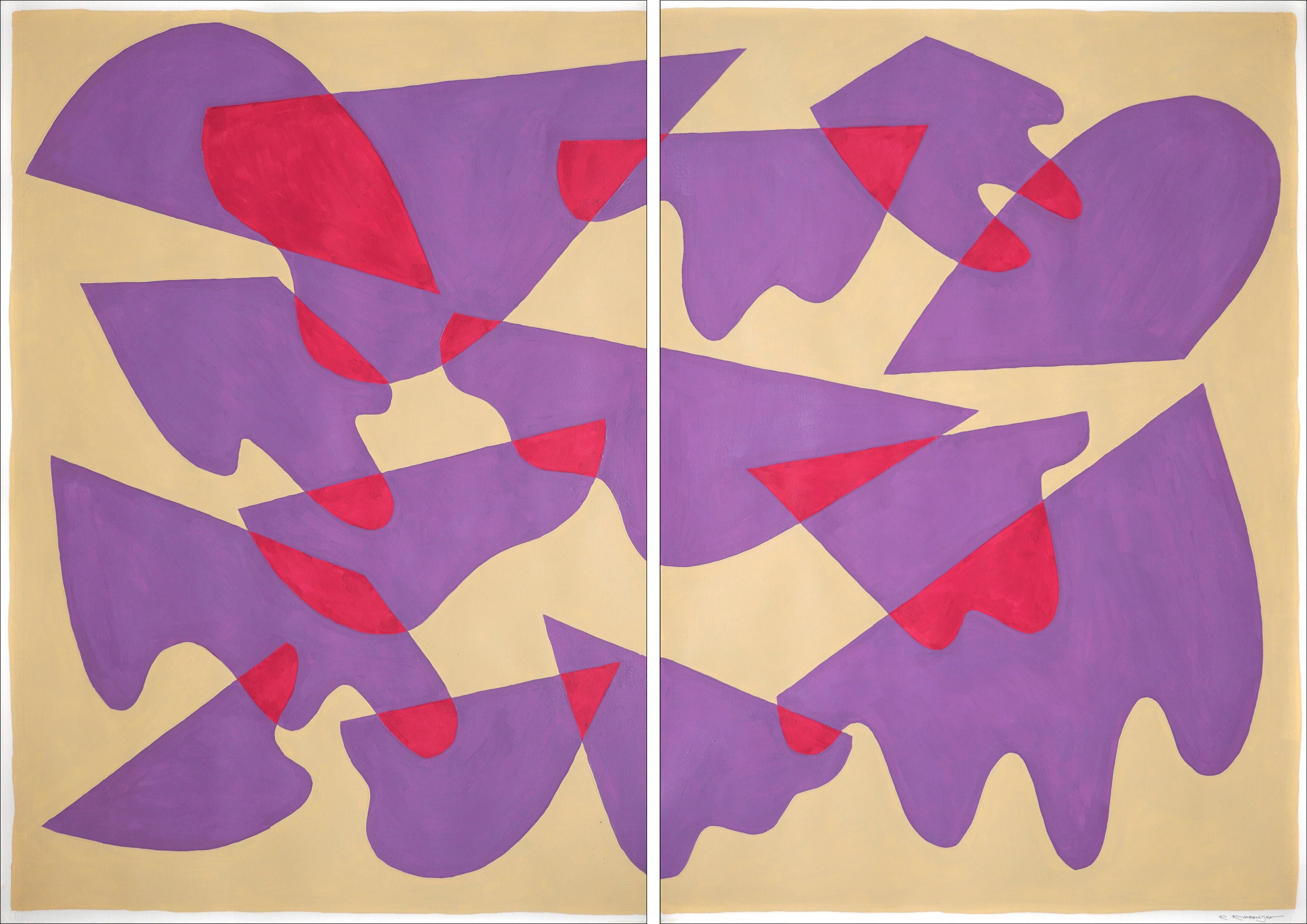 Ryan Rivadeneyra Abstract Painting - Purple Desert Pools, Large Diptych Mid-Century Modern Shapes Mauve, Pink, Beige