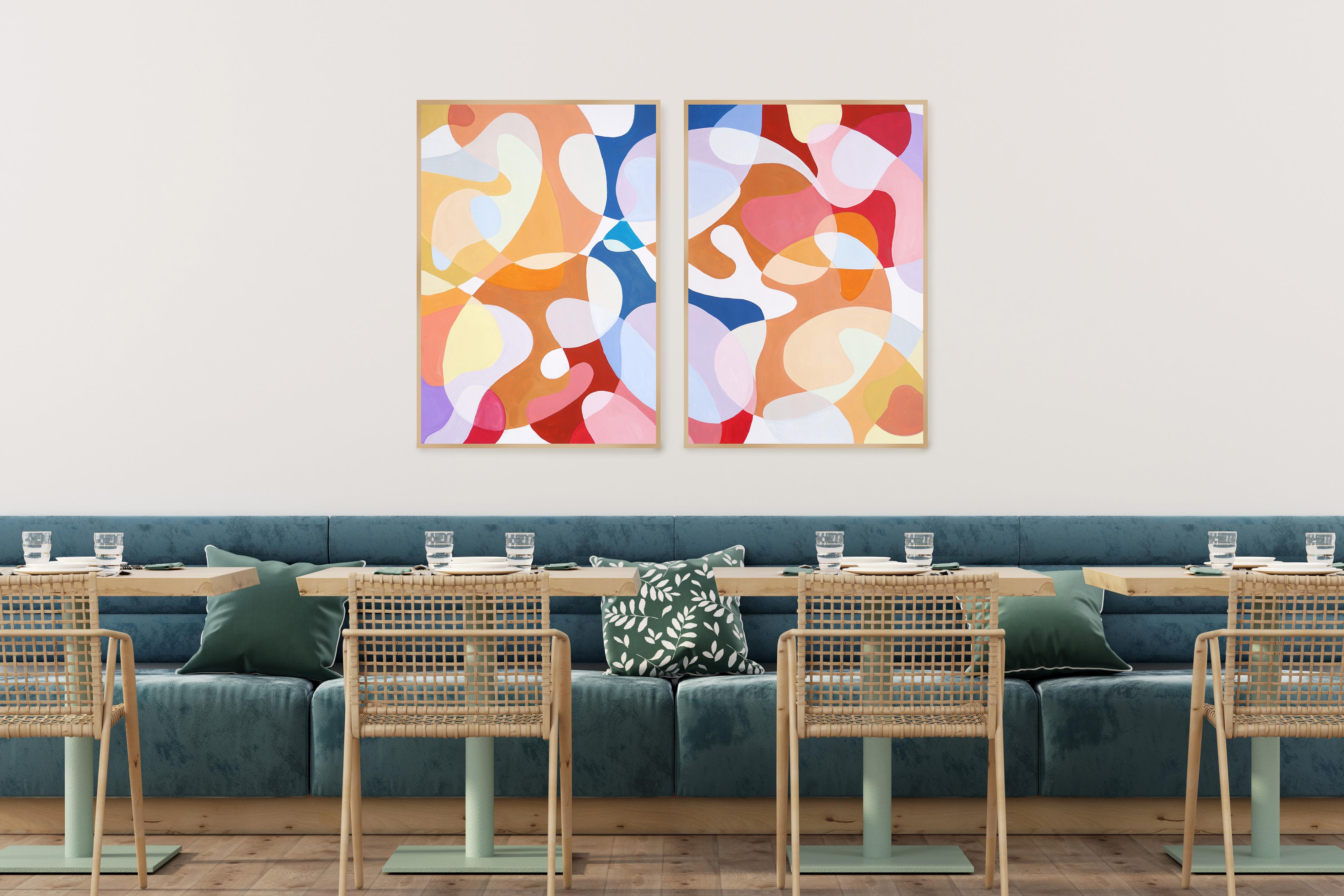 Rainbow Curves, Painter's Palette Translucent Shapes, Large Diptych on Paper For Sale 2