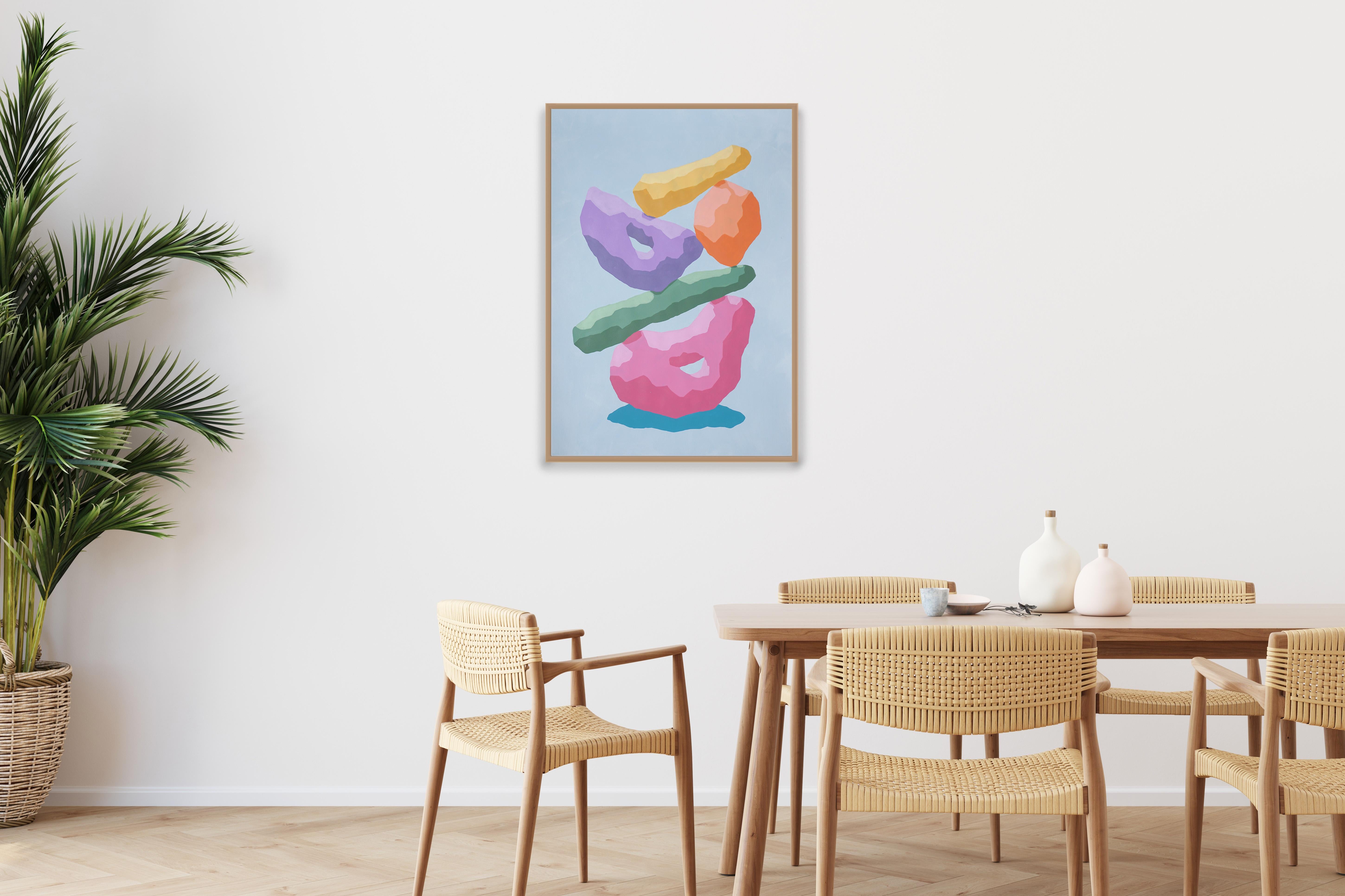 Rainbow Totem, Pastel Tones 3D Render Style Sculpture, Pink, Blue, Yellow Shapes - Painting by Ryan Rivadeneyra