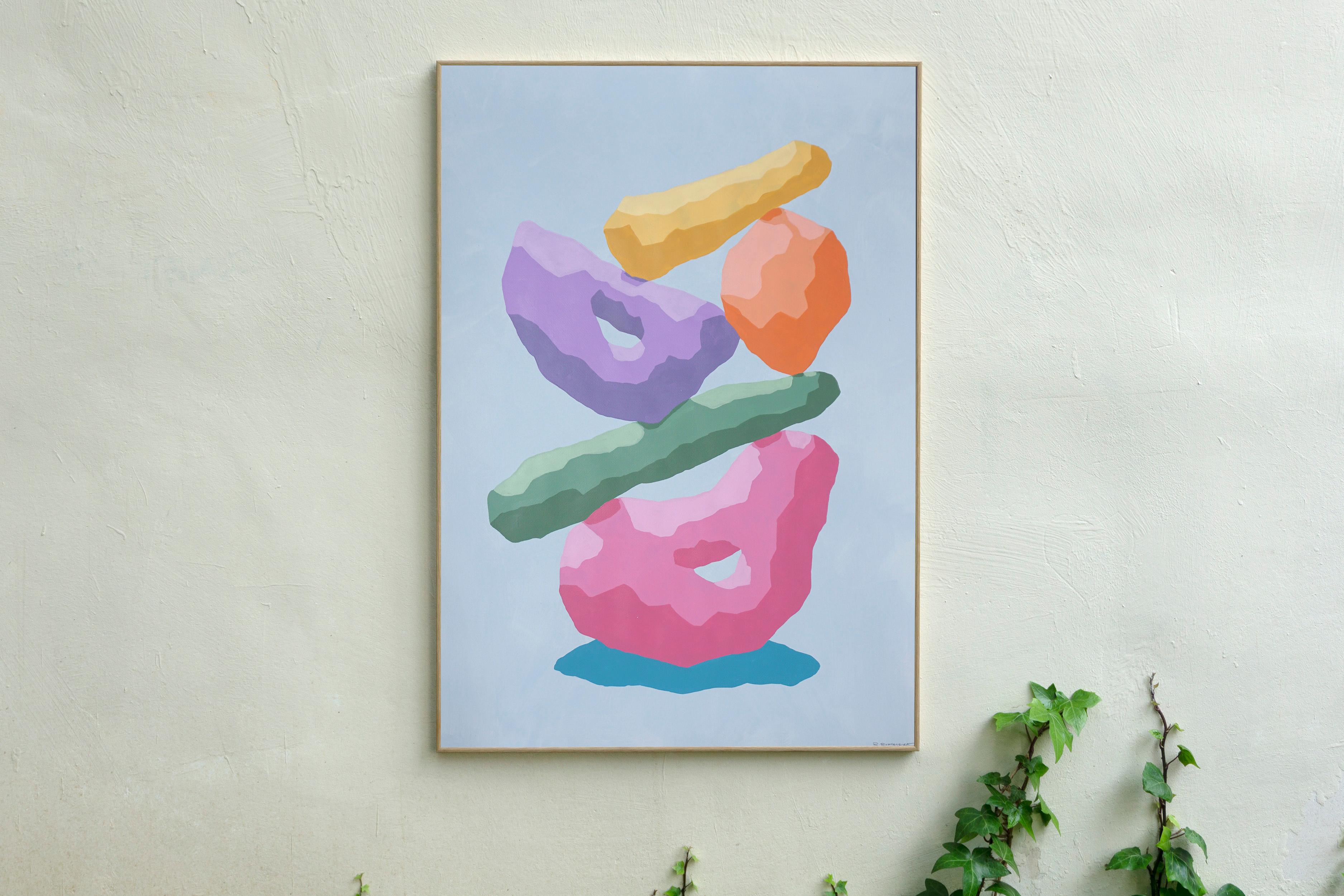 Rainbow Totem, Pastel Tones 3D Render Style Sculpture, Pink, Blue, Yellow Shapes - Synthetic Cubist Painting by Ryan Rivadeneyra