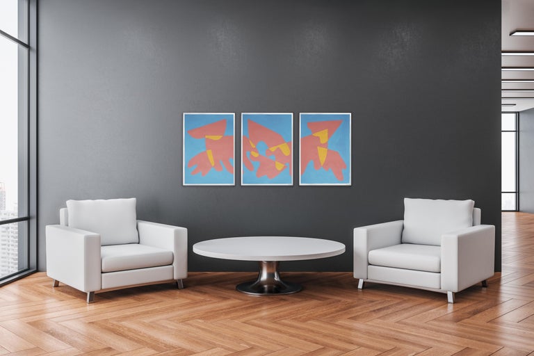 Red Clouds over Blue Sky, Mid-Century Modern Triptych, Organic Shapes, Yellow 8