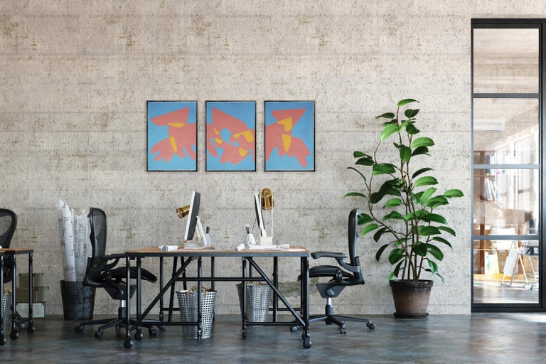 Red Clouds over Blue Sky, Mid-Century Modern Triptych, Organic Shapes, Yellow 3