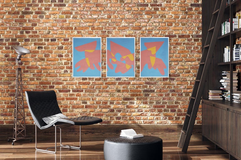 Red Clouds over Blue Sky, Mid-Century Modern Triptych, Organic Shapes, Yellow 6