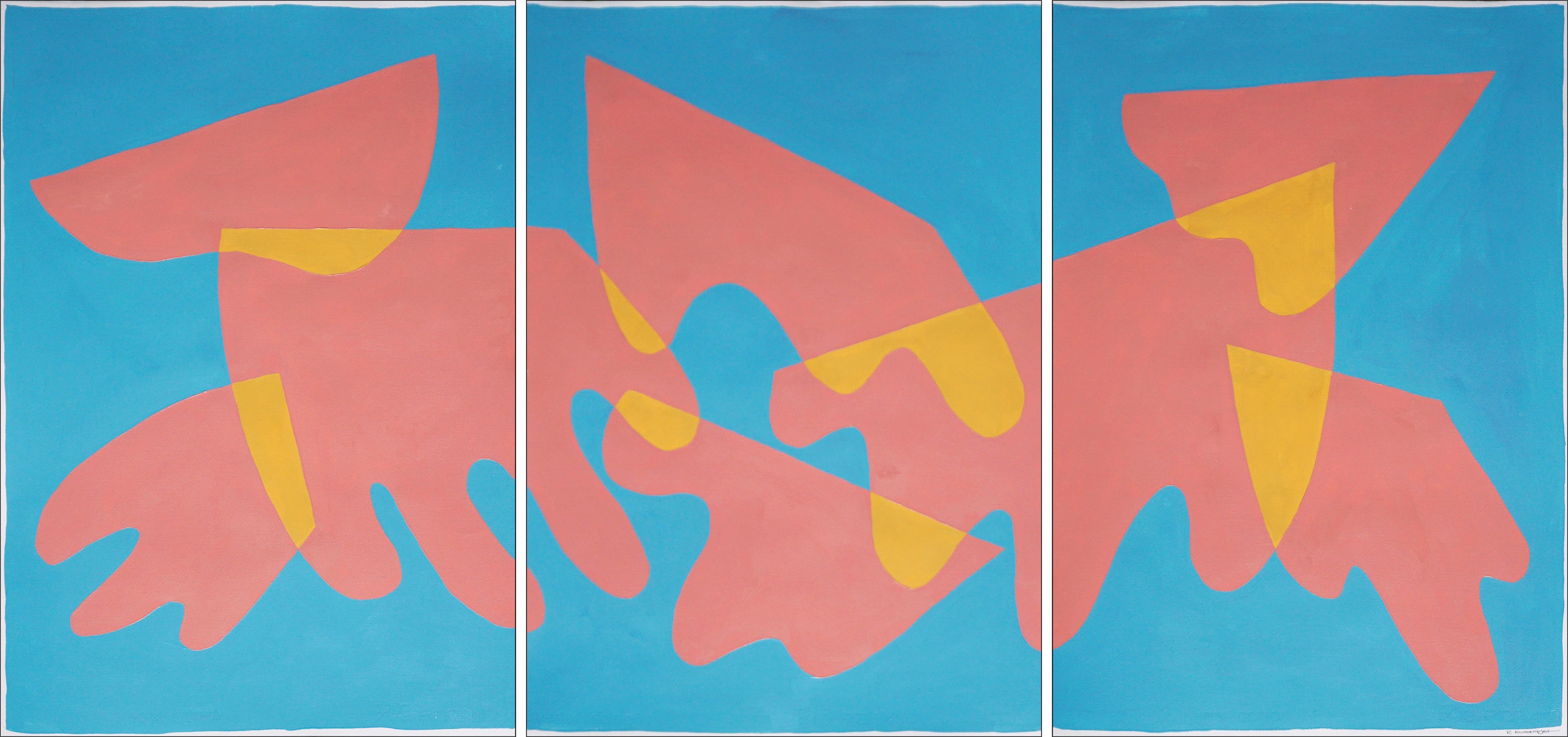 Ryan Rivadeneyra Still-Life Painting - Red Clouds over Blue Sky, Mid-Century Modern Triptych, Organic Shapes, Yellow