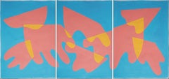 Red Clouds over Blue Sky, Mid-Century Modern Triptych, Organic Shapes, Yellow