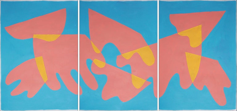 Ryan Rivadeneyra Abstract Painting - Red Clouds over Blue Sky, Mid-Century Modern Triptych, Organic Shapes, Yellow