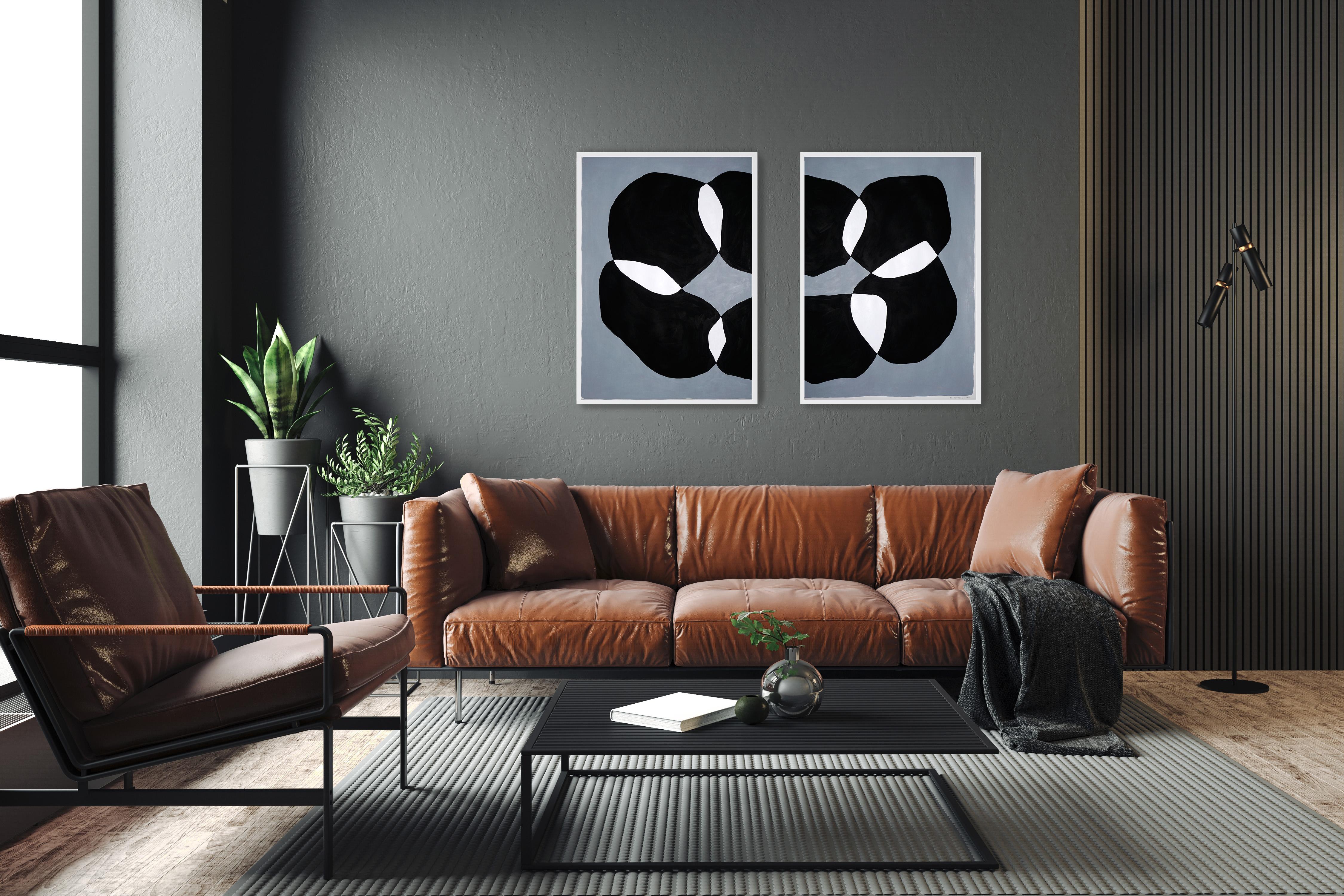 Shadow Stones, Black and White Large Diptych, Abstract Bold Patterns on Paper - Painting by Ryan Rivadeneyra