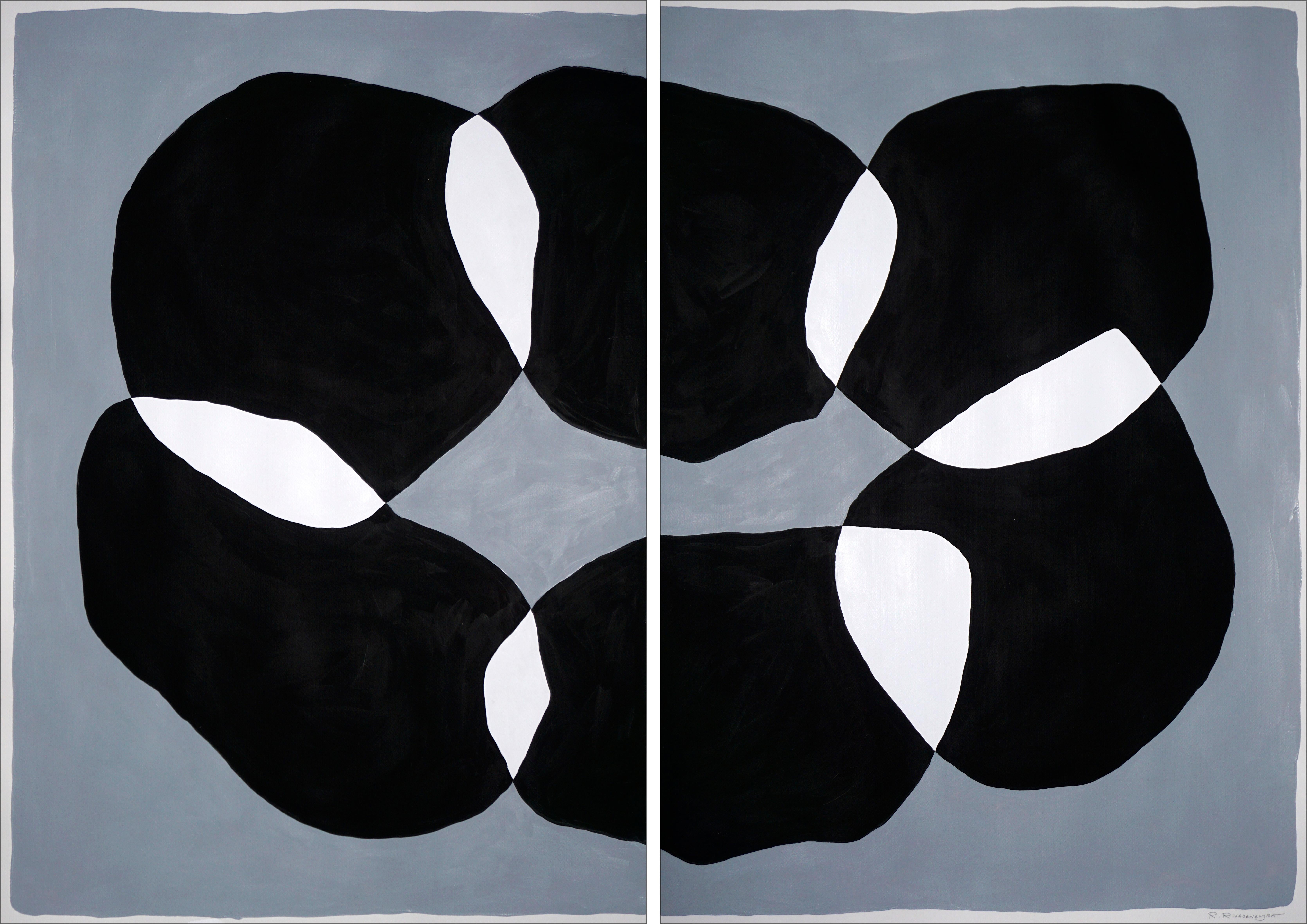 Ryan Rivadeneyra Abstract Painting - Shadow Stones, Black and White Large Diptych, Abstract Bold Patterns on Paper