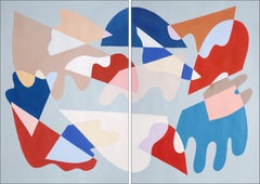 Piastrelle in frantumi, dittico astratto rosso e blu di forme mimetiche, acrilico su carta