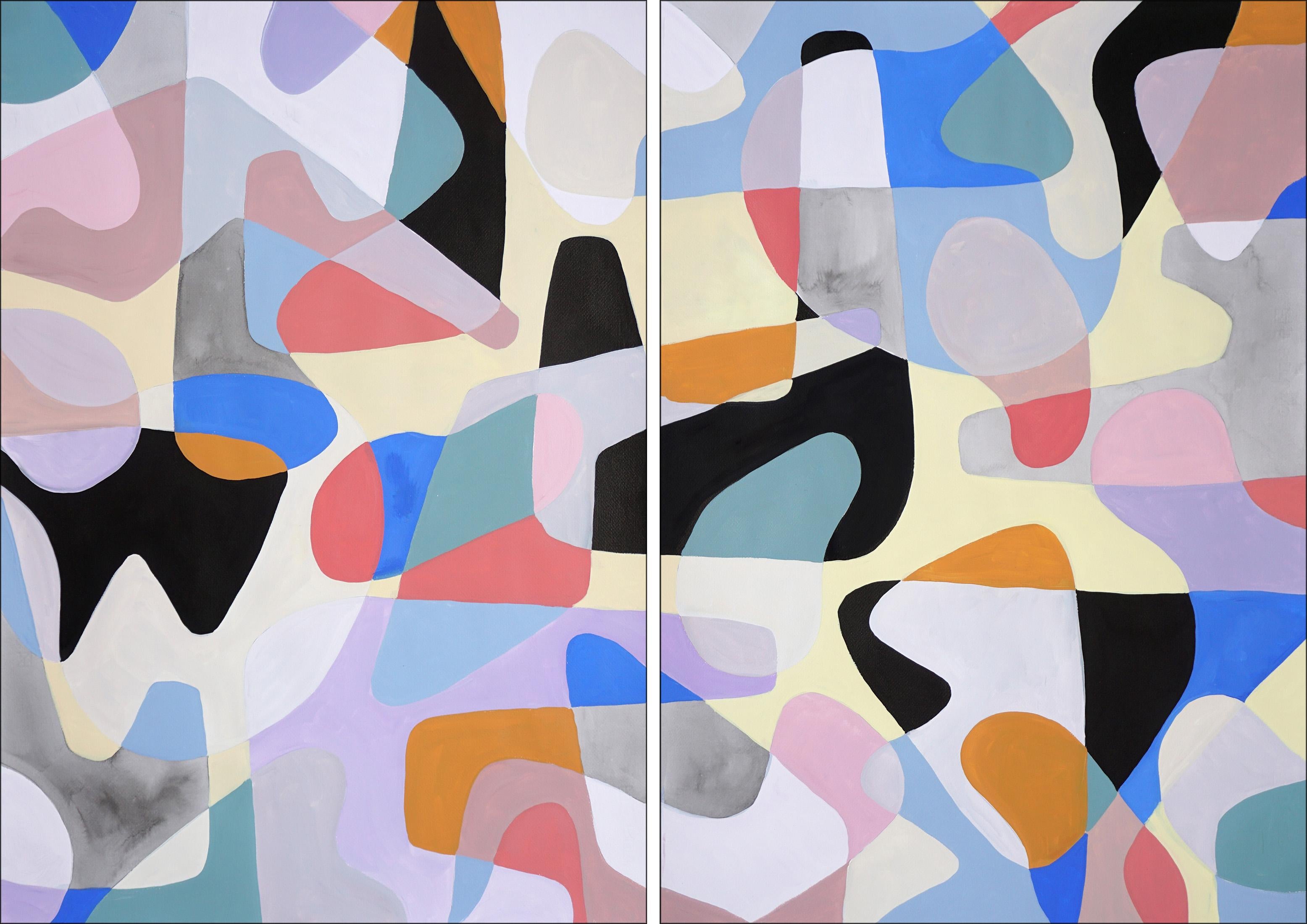 Abstract Painting de Ryan Rivadeneyra - Díptico de Formas Modernistas Barajadas, Formas Vanguardistas Superpuestas en Tonos Pasteles