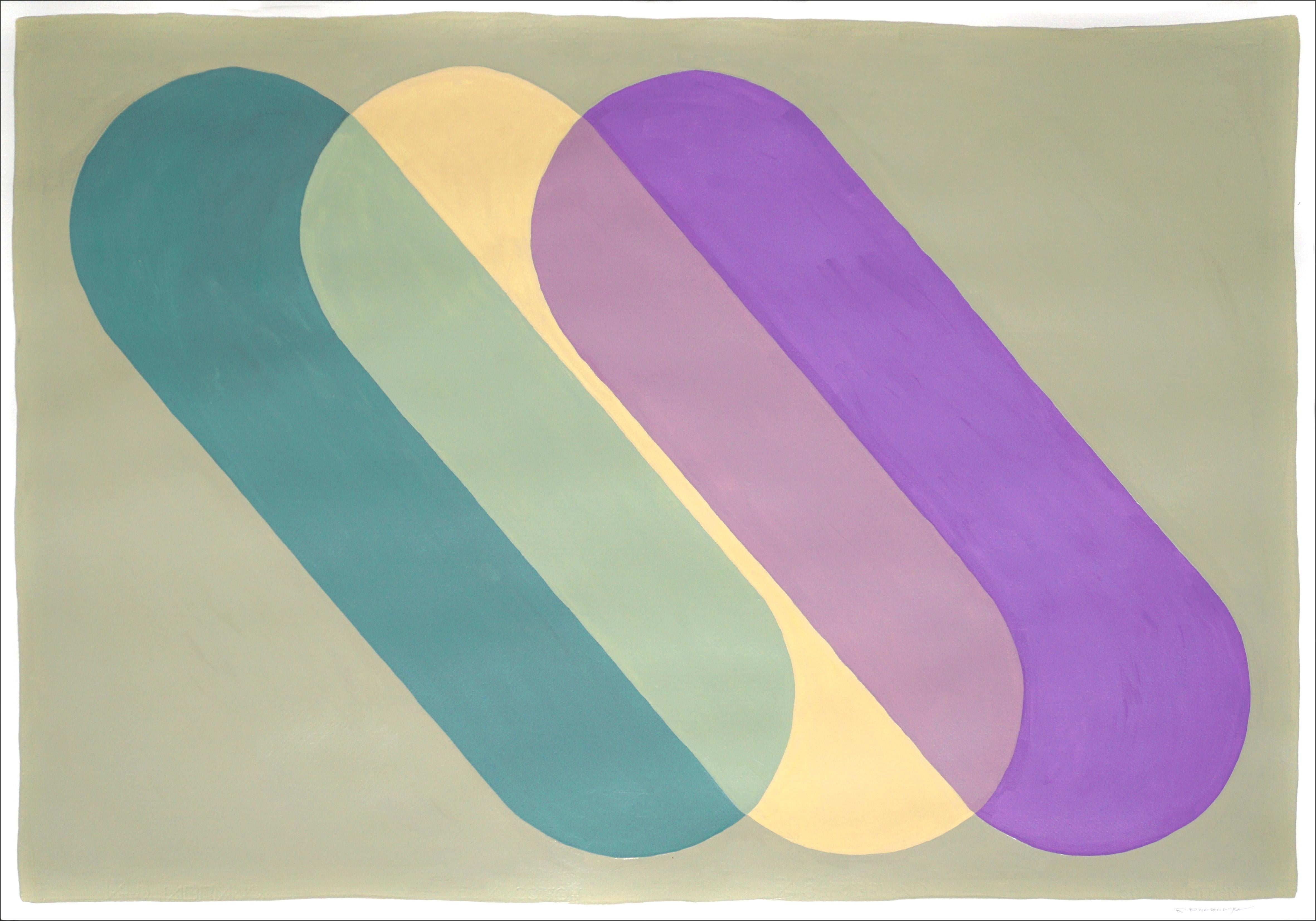 Kachelförmiges Landschafts-Ikon in Pastelltönen, Moosgrün und Lila Transparenzen