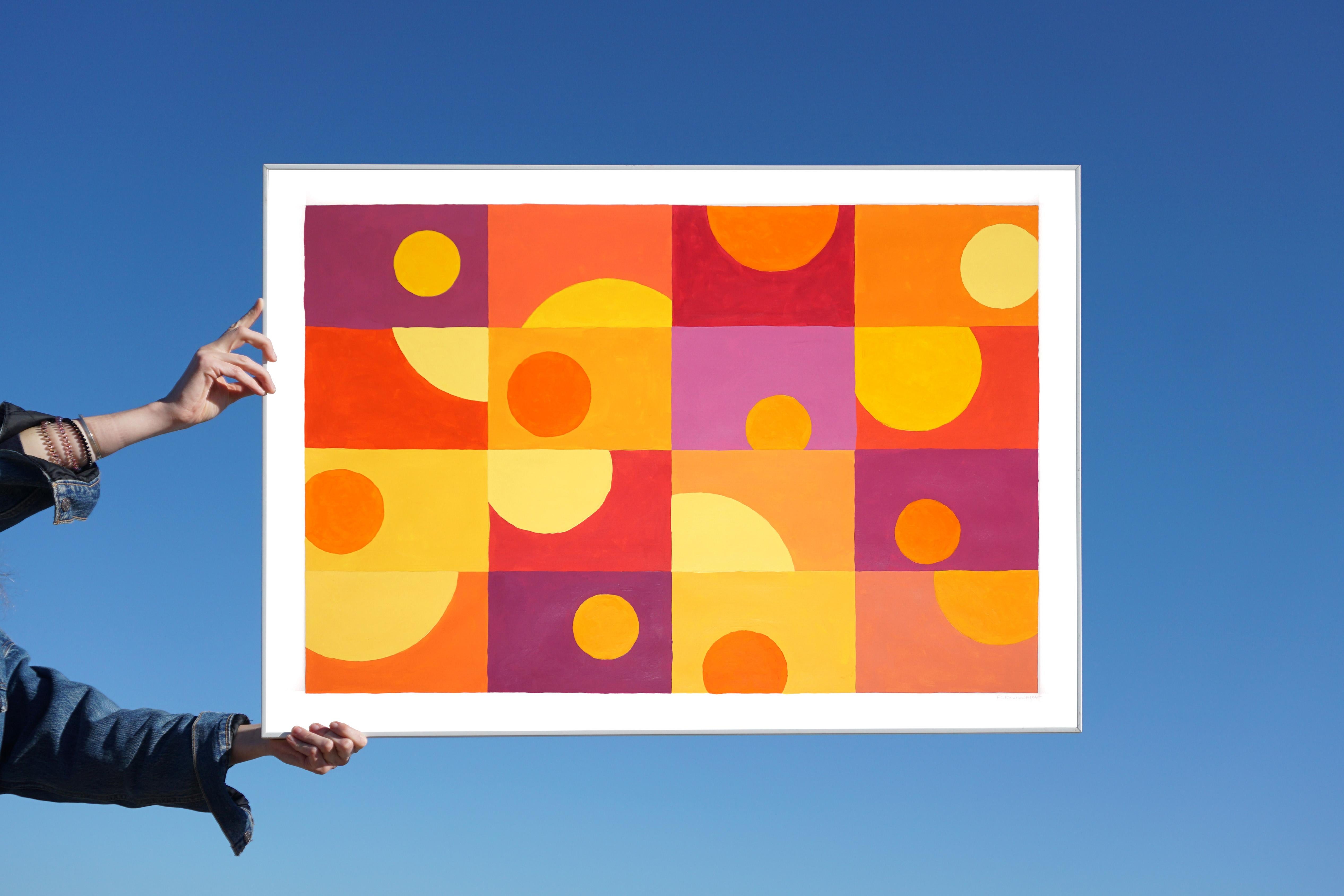 Sixteen Sunsets, Warm Tones Yellow, Orange, Red, Geometric Horizontal Grid Tiles - Painting by Ryan Rivadeneyra