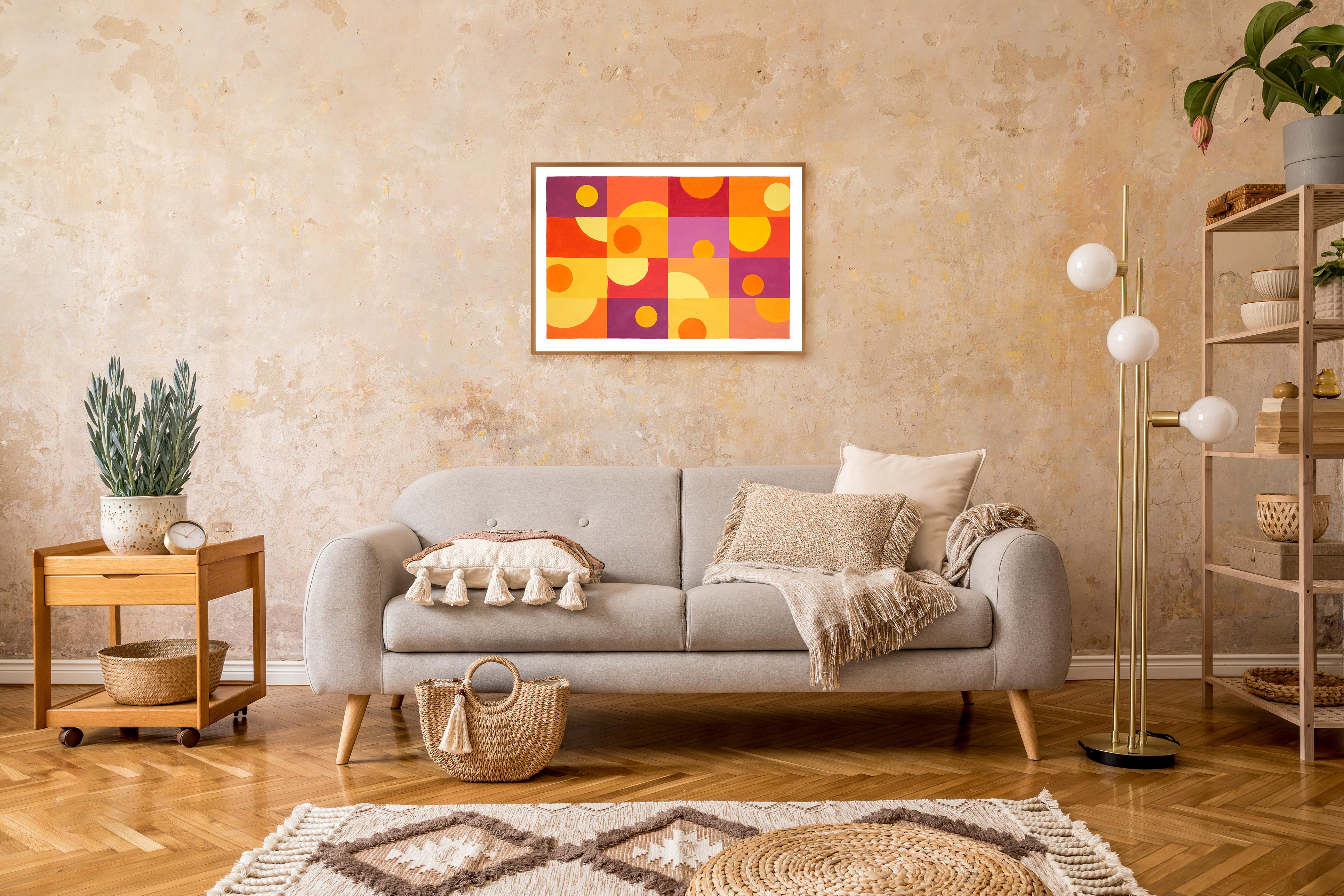 Sedici piastrelle di tramonti, pittura geometrica astratta dai toni caldi su carta - Abstract Painting Arancia di Ryan Rivadeneyra
