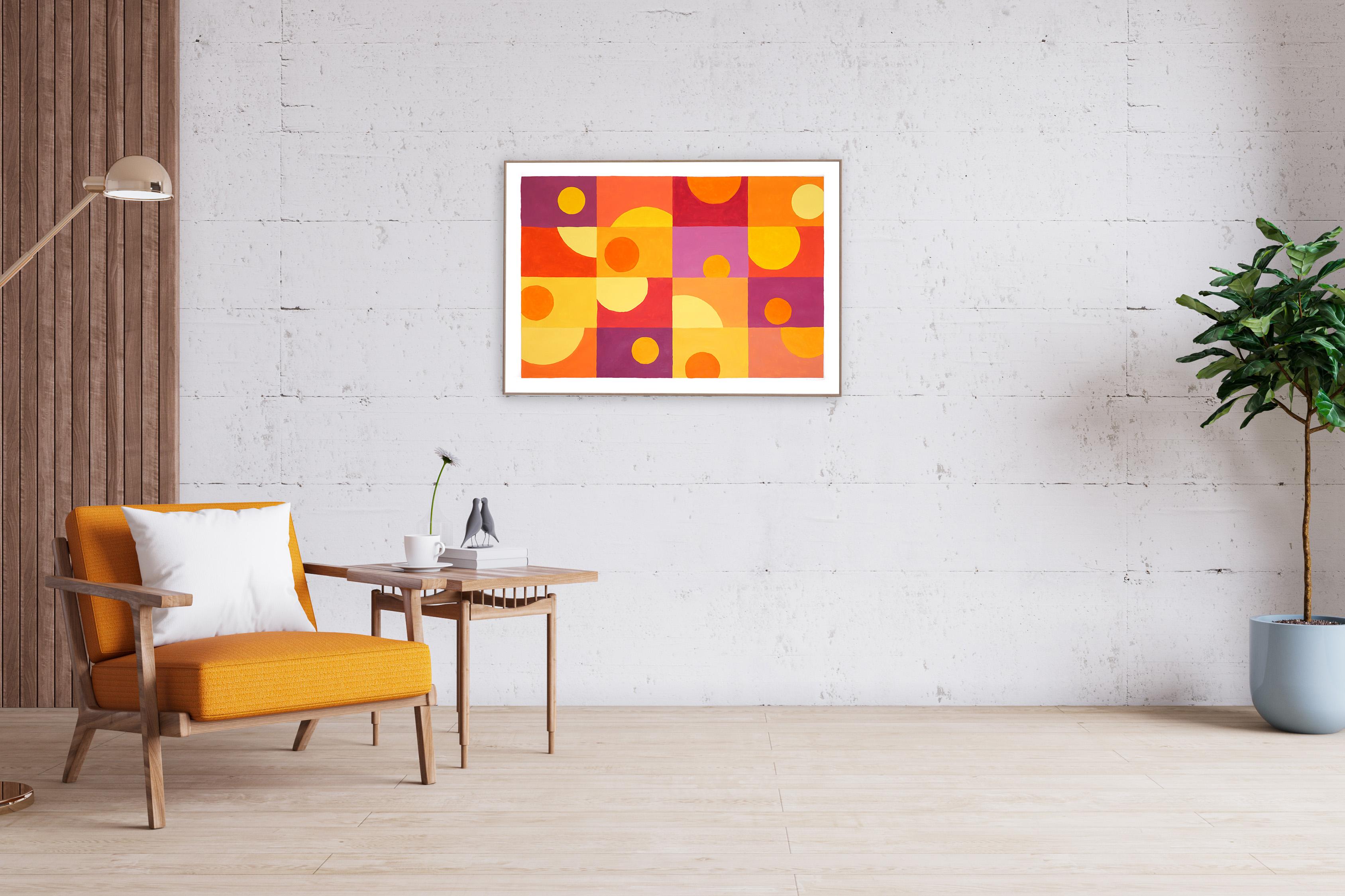 Sixteen Sunsets, Warm Tones Yellow, Orange, Red, Geometric Horizontal Grid Tiles For Sale 1