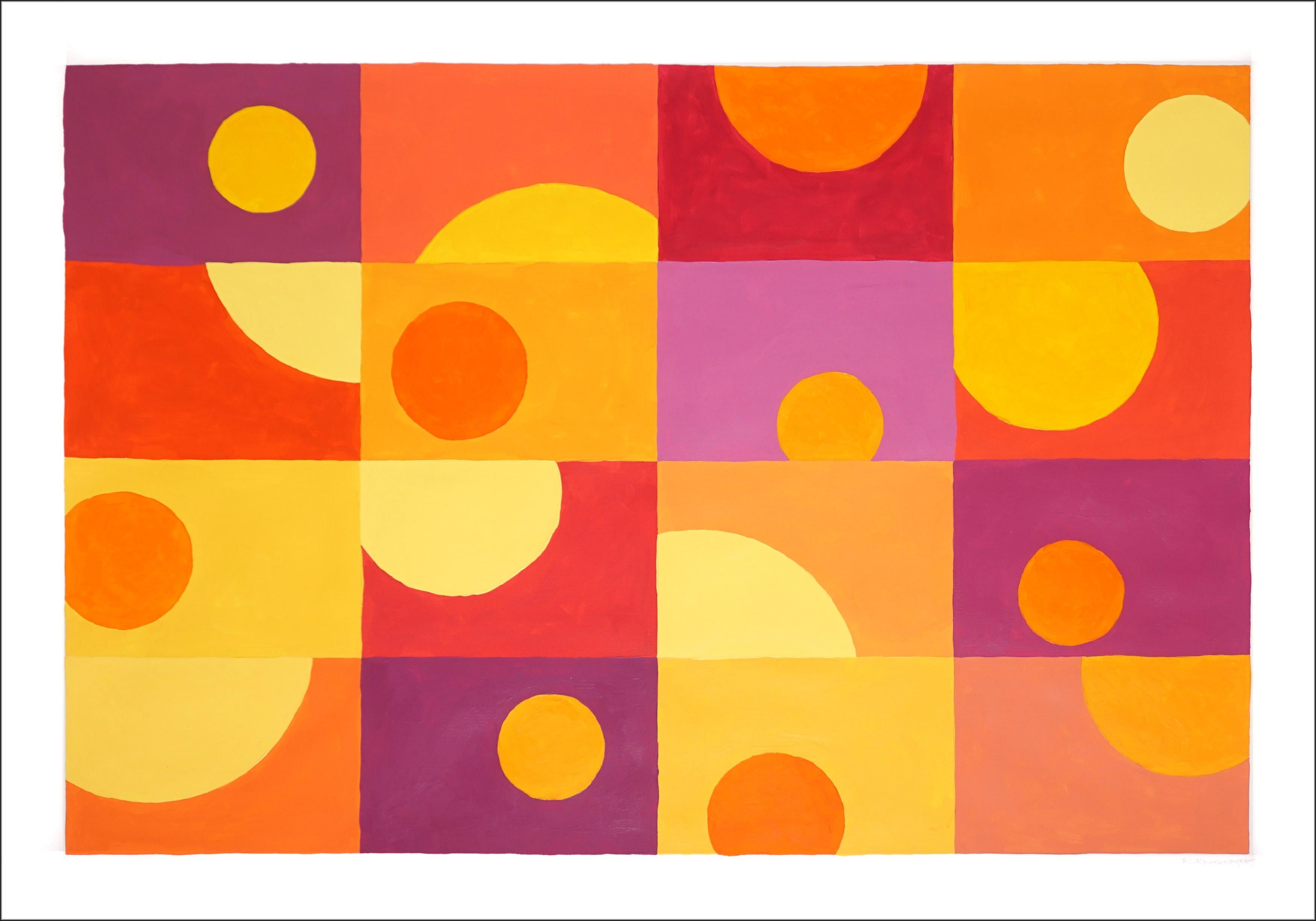 Ryan Rivadeneyra Abstract Painting - Sixteen Sunsets, Warm Tones Yellow, Orange, Red, Geometric Horizontal Grid Tiles