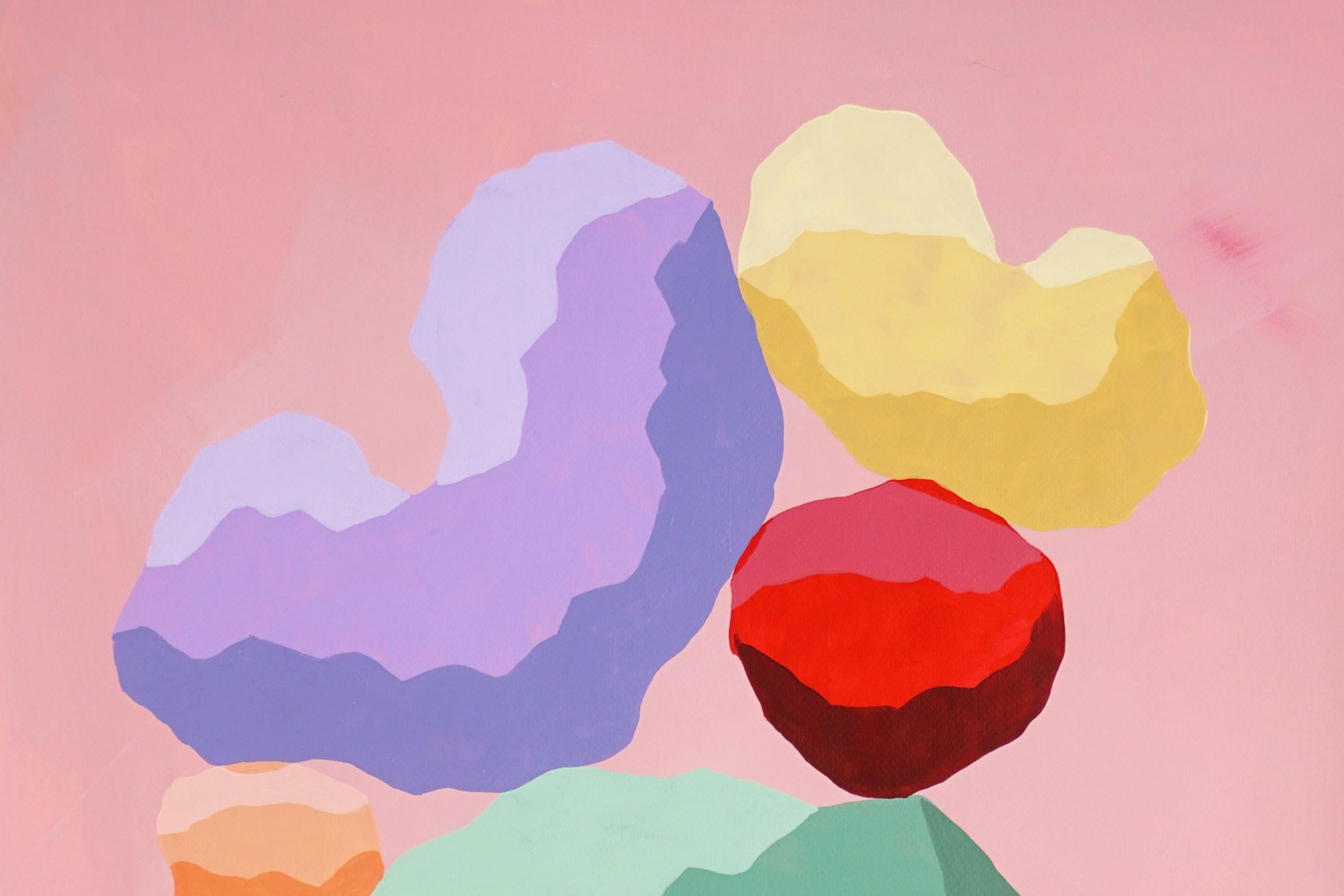Cactus del desierto de Sonora, pila geométrica en tonos pastel, piedras en verde, rosa, 3D - Painting Cubista sintético de Ryan Rivadeneyra