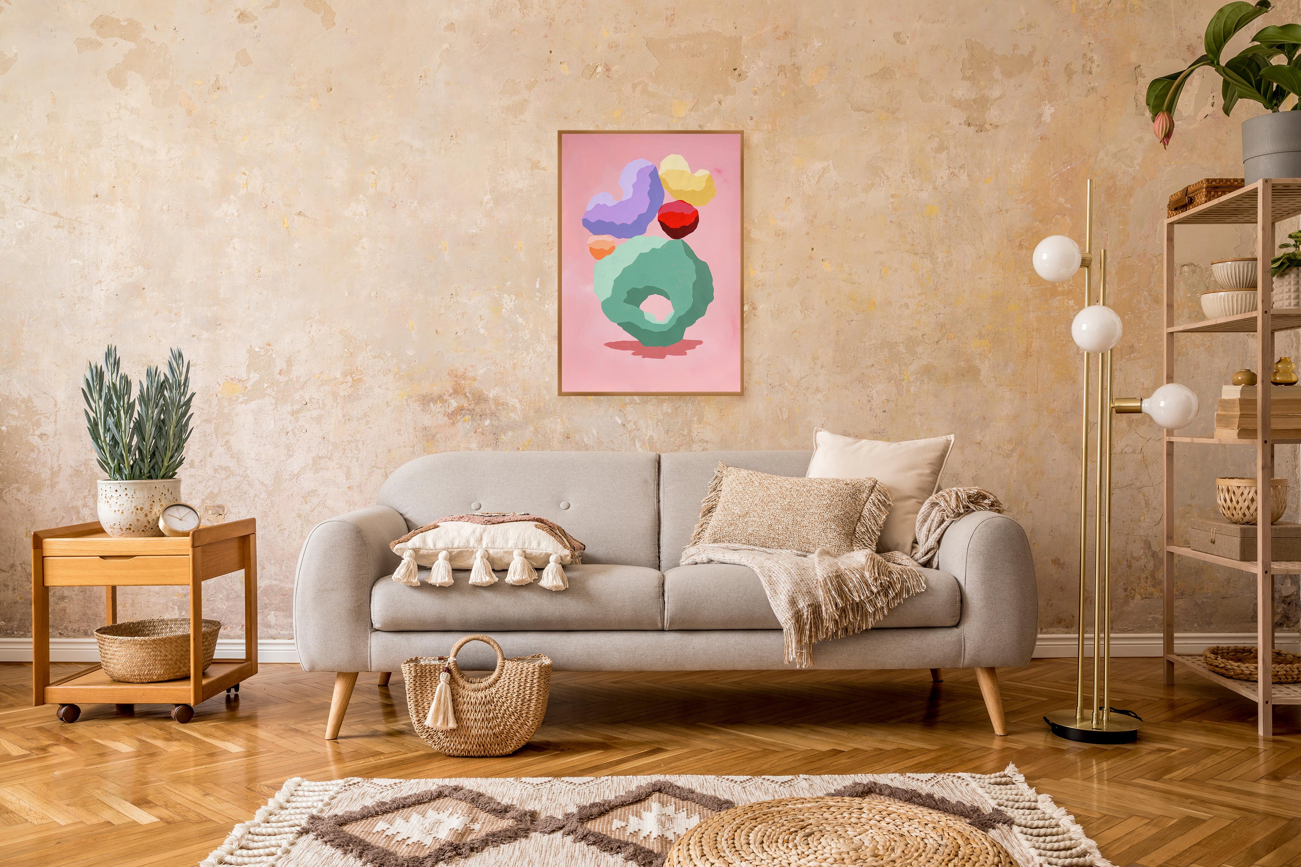 Cactus del desierto de Sonora, pila geométrica en tonos pastel, piedras en verde, rosa, 3D - Abstract Painting Beige de Ryan Rivadeneyra