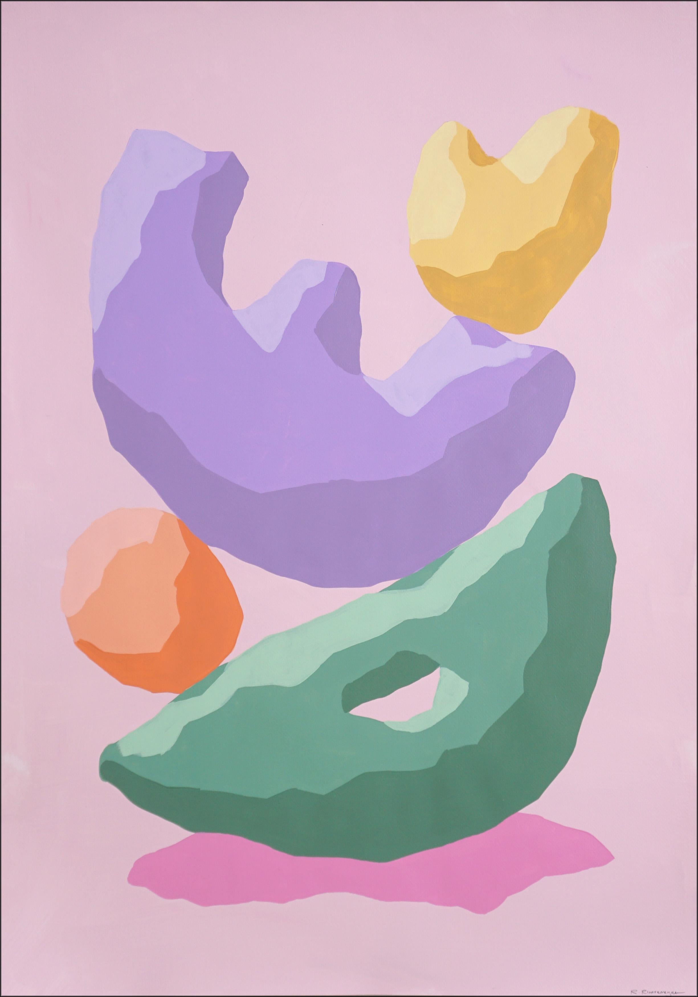 Ryan Rivadeneyra Still-Life Painting - Sublime Stack on Pink, Pastel Tones Contemporary Totem Sculpture, Green, Purple 