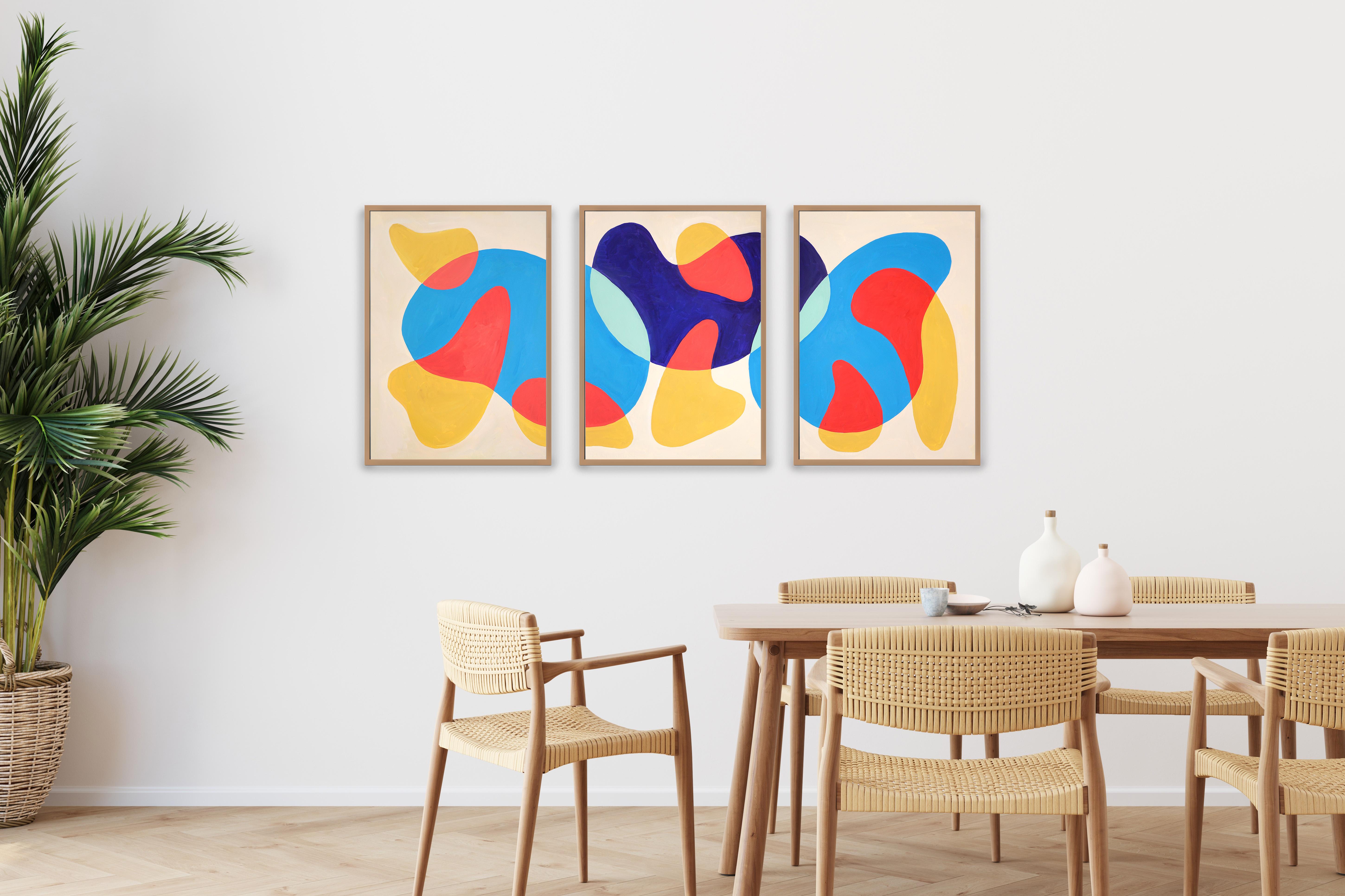 Swimming Pools in The Desert, Abstract Modern Shapes in Primary Tones, Triptych - Painting by Ryan Rivadeneyra
