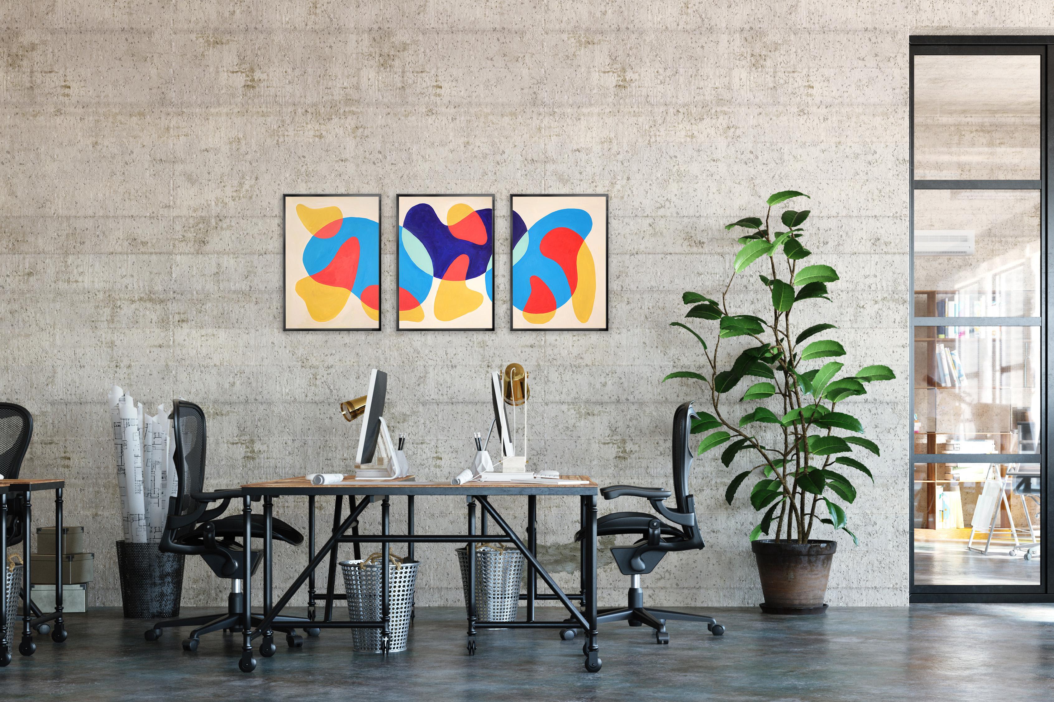 Swimming Pools in The Desert, Abstract Modern Shapes in Primary Tones, Triptych 3