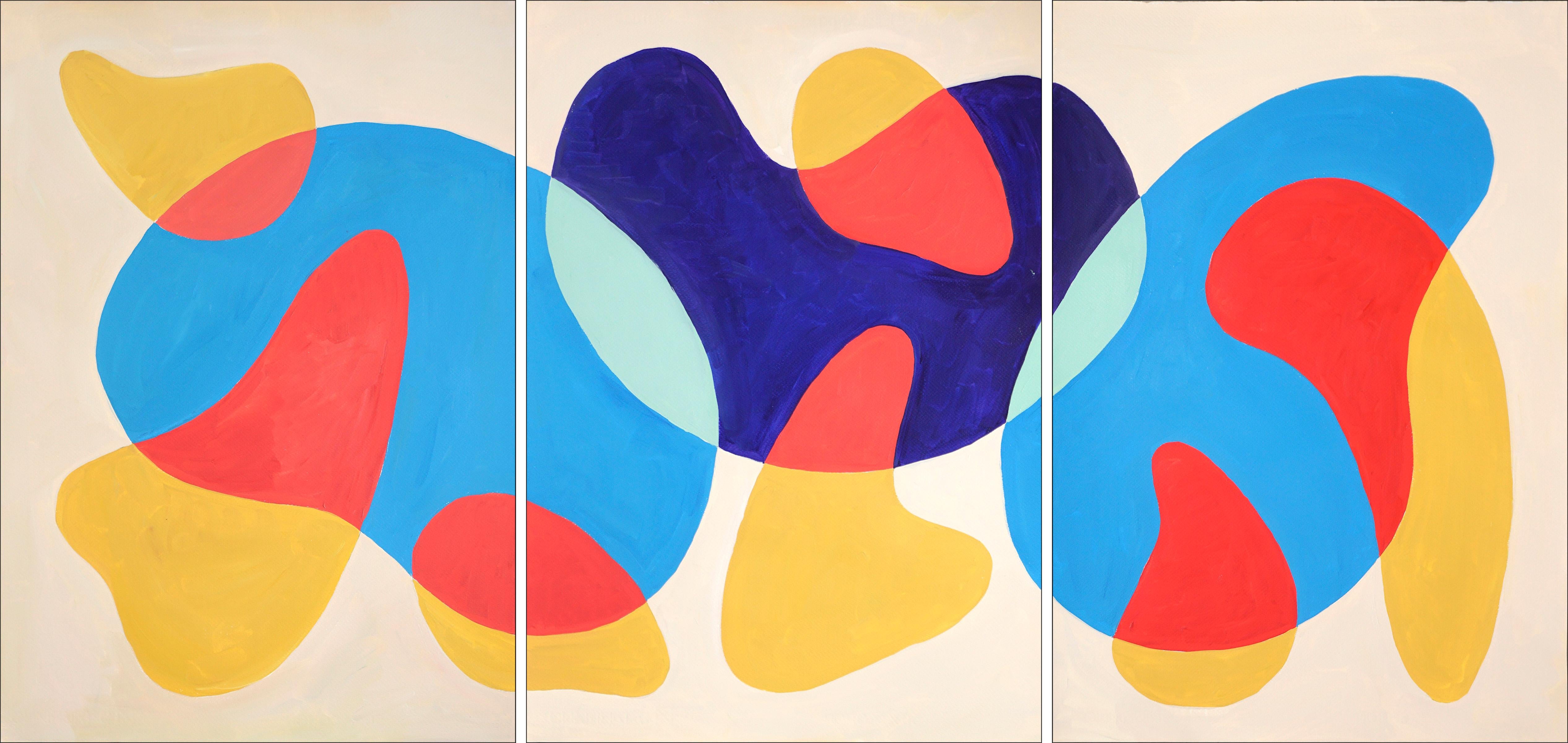 Ryan Rivadeneyra Abstract Painting - Swimming Pools in The Desert, Abstract Modern Shapes in Primary Tones, Triptych