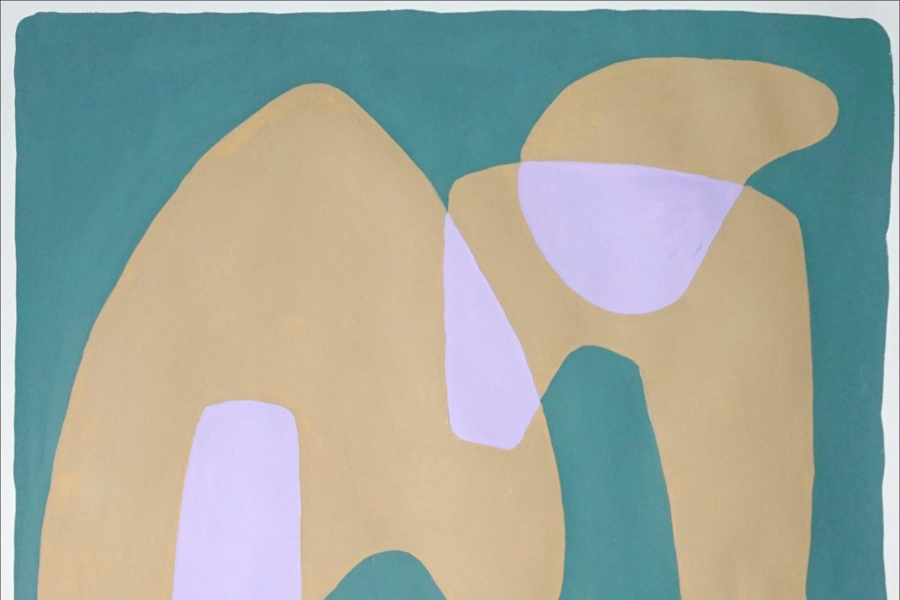 Tan Arches on Green, Abstract Geometric Painting, Mid Century Modern Shapes, '21 1