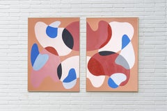 Terracota Cave, Mid-Century Modern Abstract Shapes, Painting Diptych on Paper