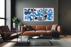 The Lake District, Blue Triptych, Cold Tones, large MId-Century Shapes, Organic
