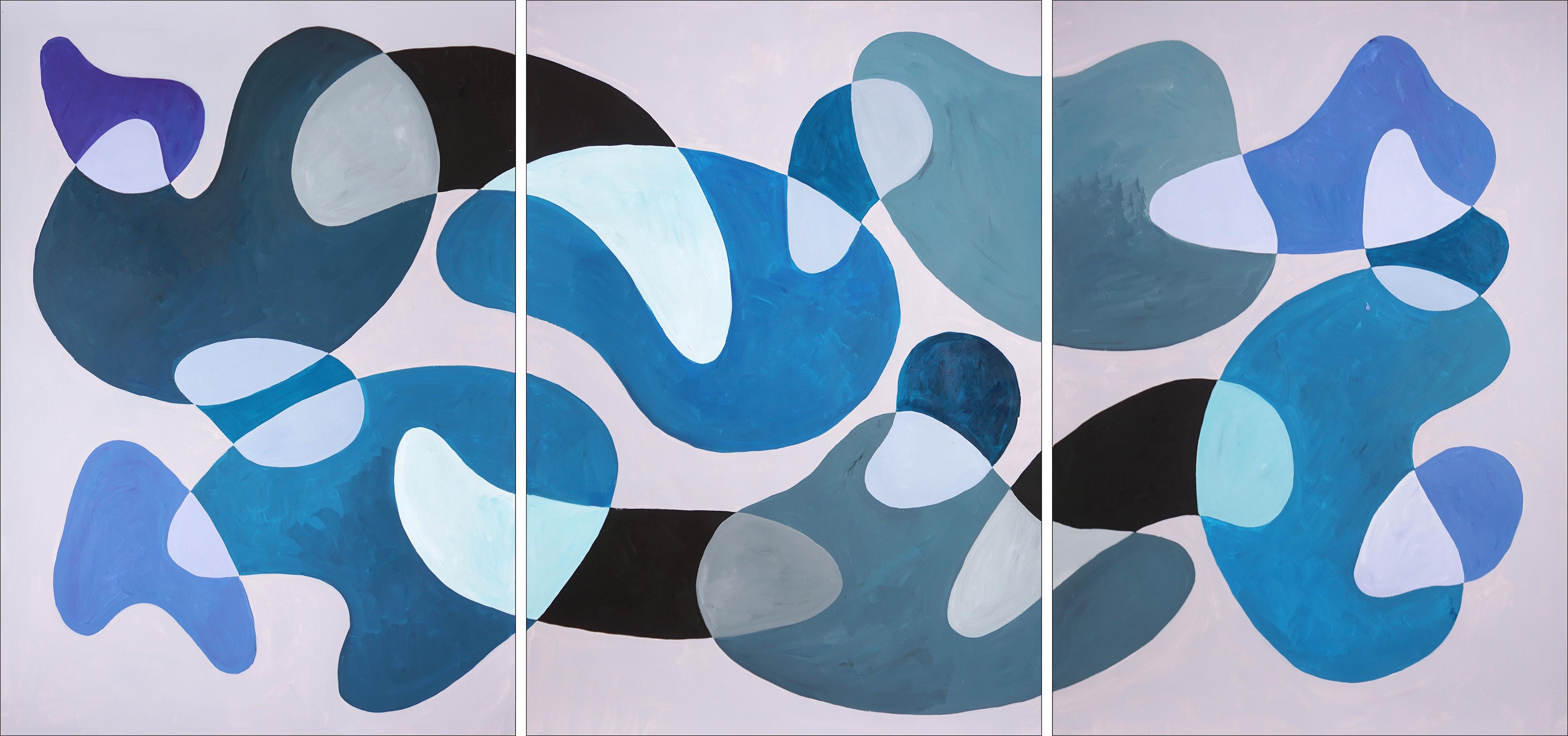 The Lake District, Blue Triptych, Cold Tones, large MId-Century Shapes, Organic