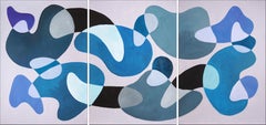 The Lake District, Blue Triptych, Cold Tones, large MId-Century Shapes, Organic
