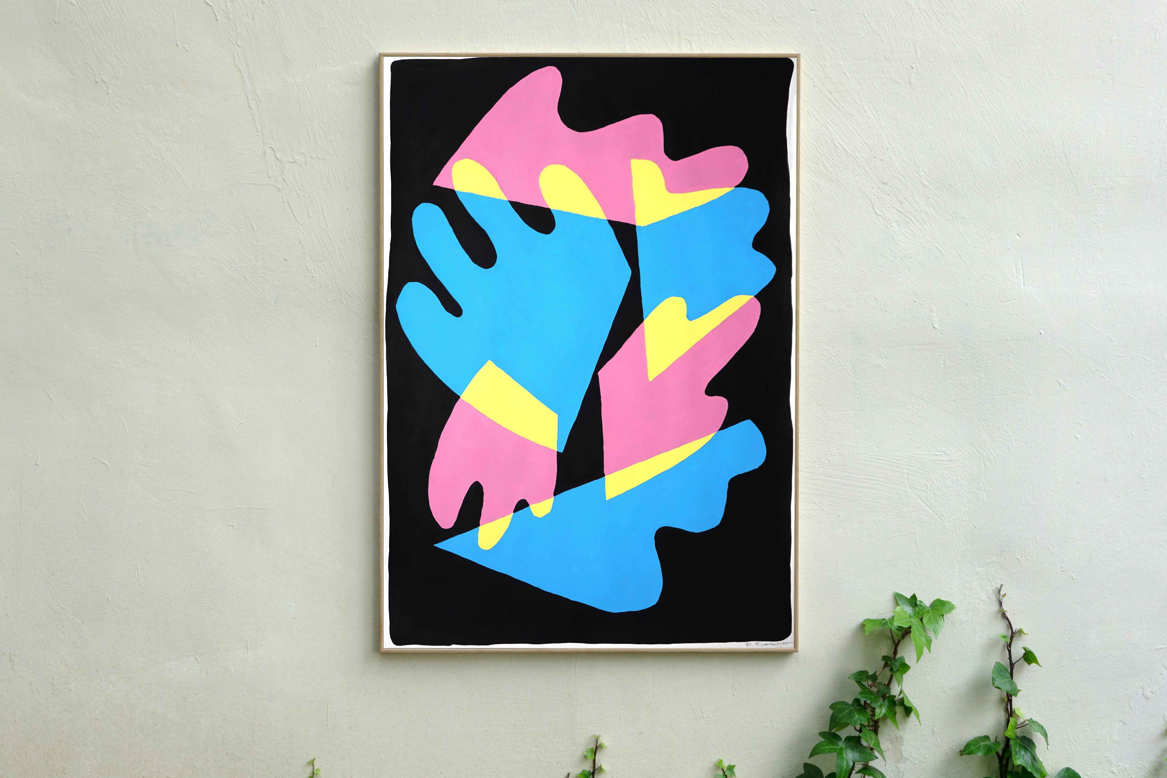 The Magic Trick, Neon Tones, Mid-Century Shapes and Layer on Black Background - Painting by Ryan Rivadeneyra