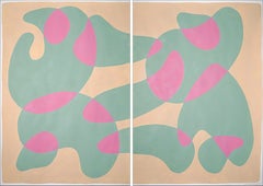 The Modernist Garden, Mid-Century Shapes Diptych in Pink, Green and Cream, 2022