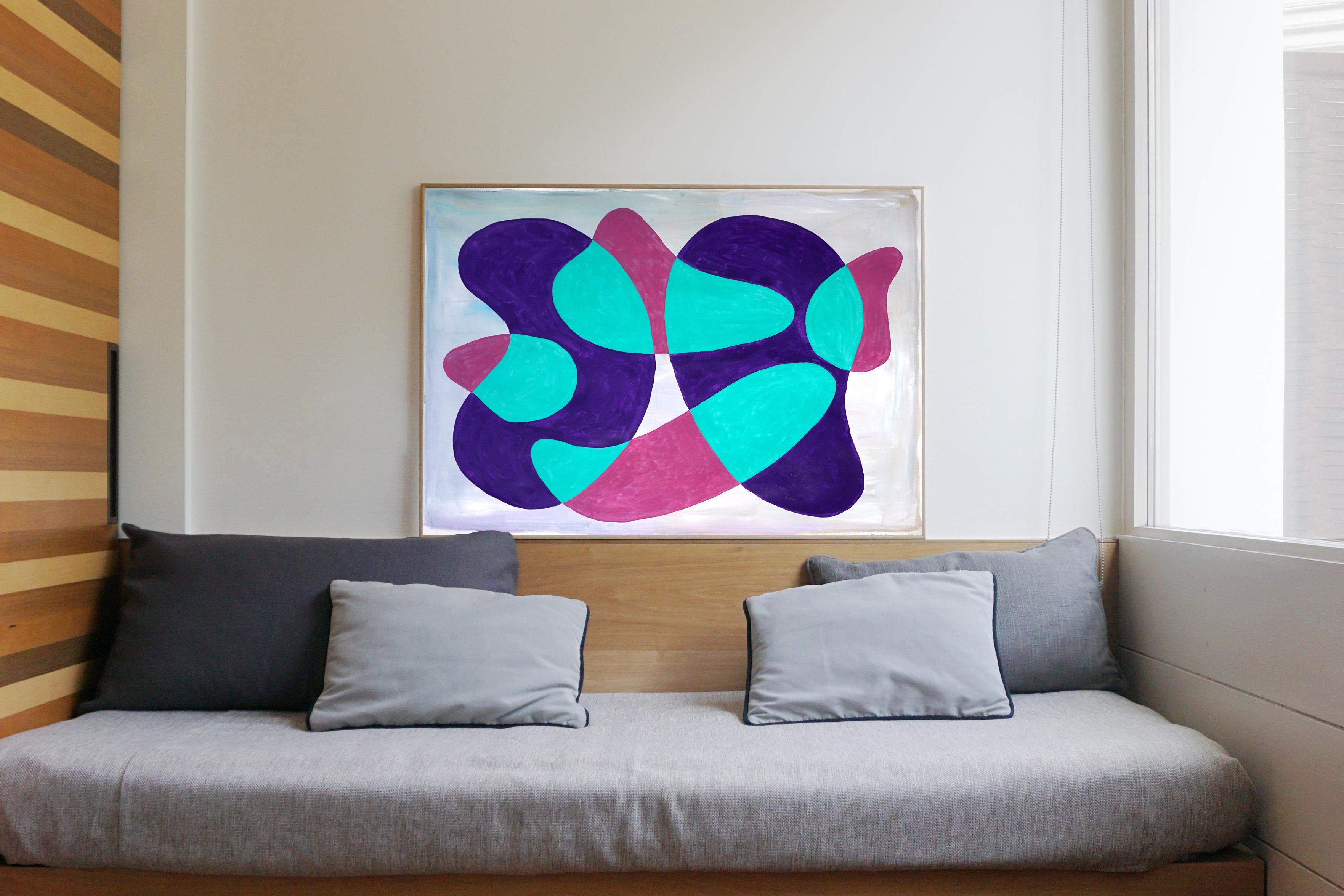 Translucent Teal Kidney Pools, Mid-Century Shapes and Layers in Cold Blue Tones - Abstract Geometric Painting by Ryan Rivadeneyra