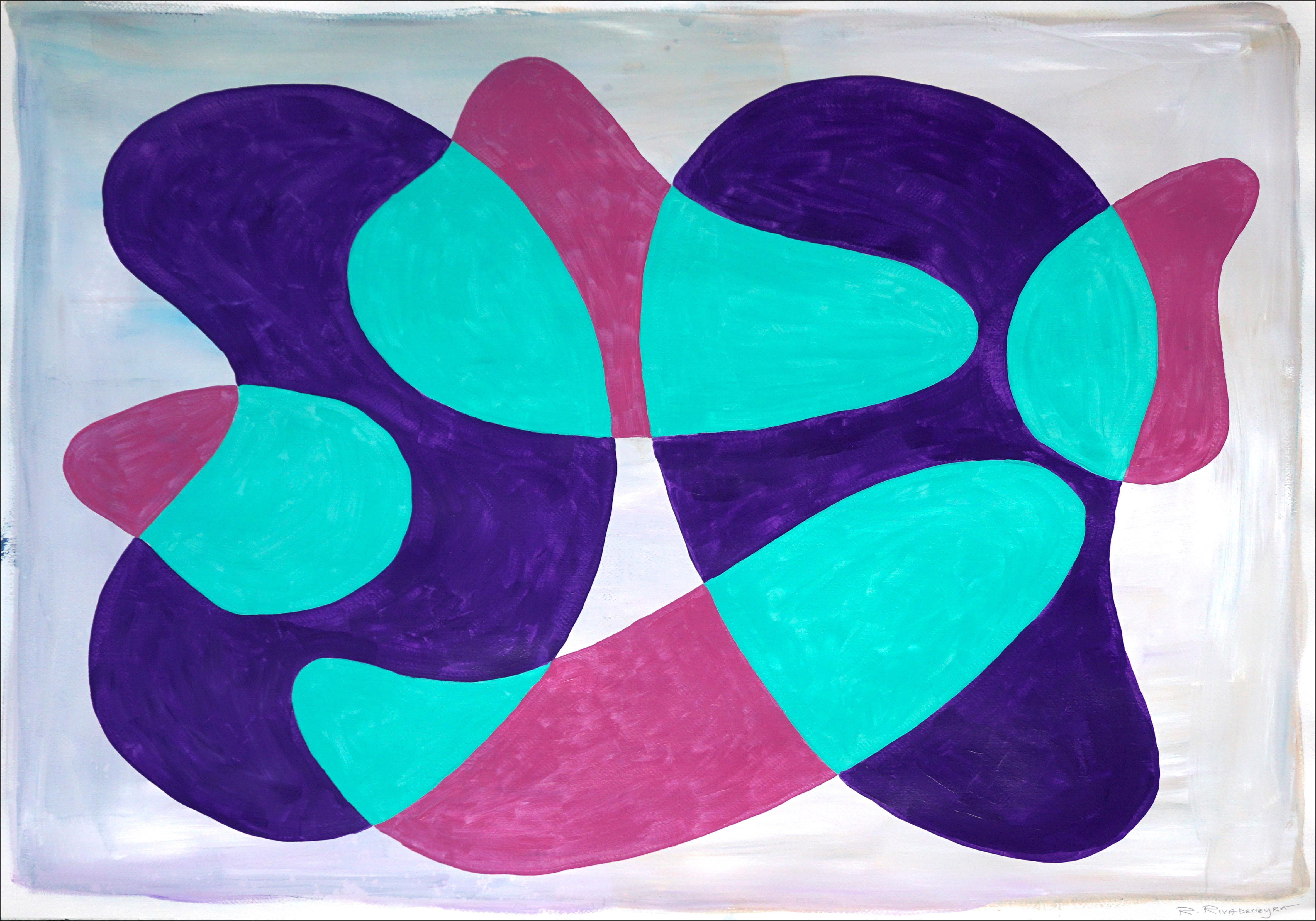Ryan Rivadeneyra Abstract Painting - Translucent Teal Kidney Pools, Mid-Century Shapes and Layers in Cold Blue Tones
