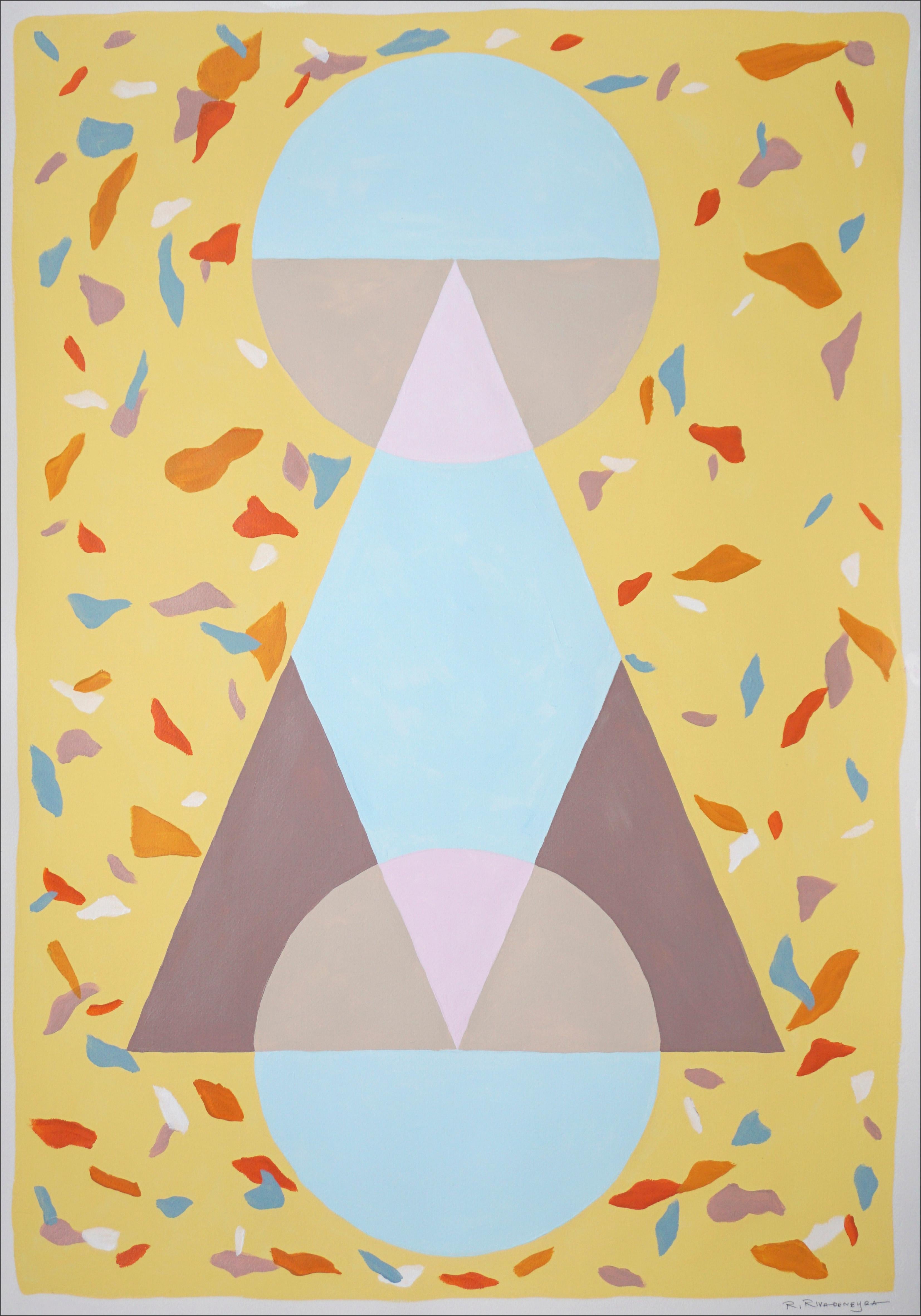Ryan Rivadeneyra Abstract Painting - Triangular Architecture in Pastel Tones, Light Yellow Background Terrazzo Shapes
