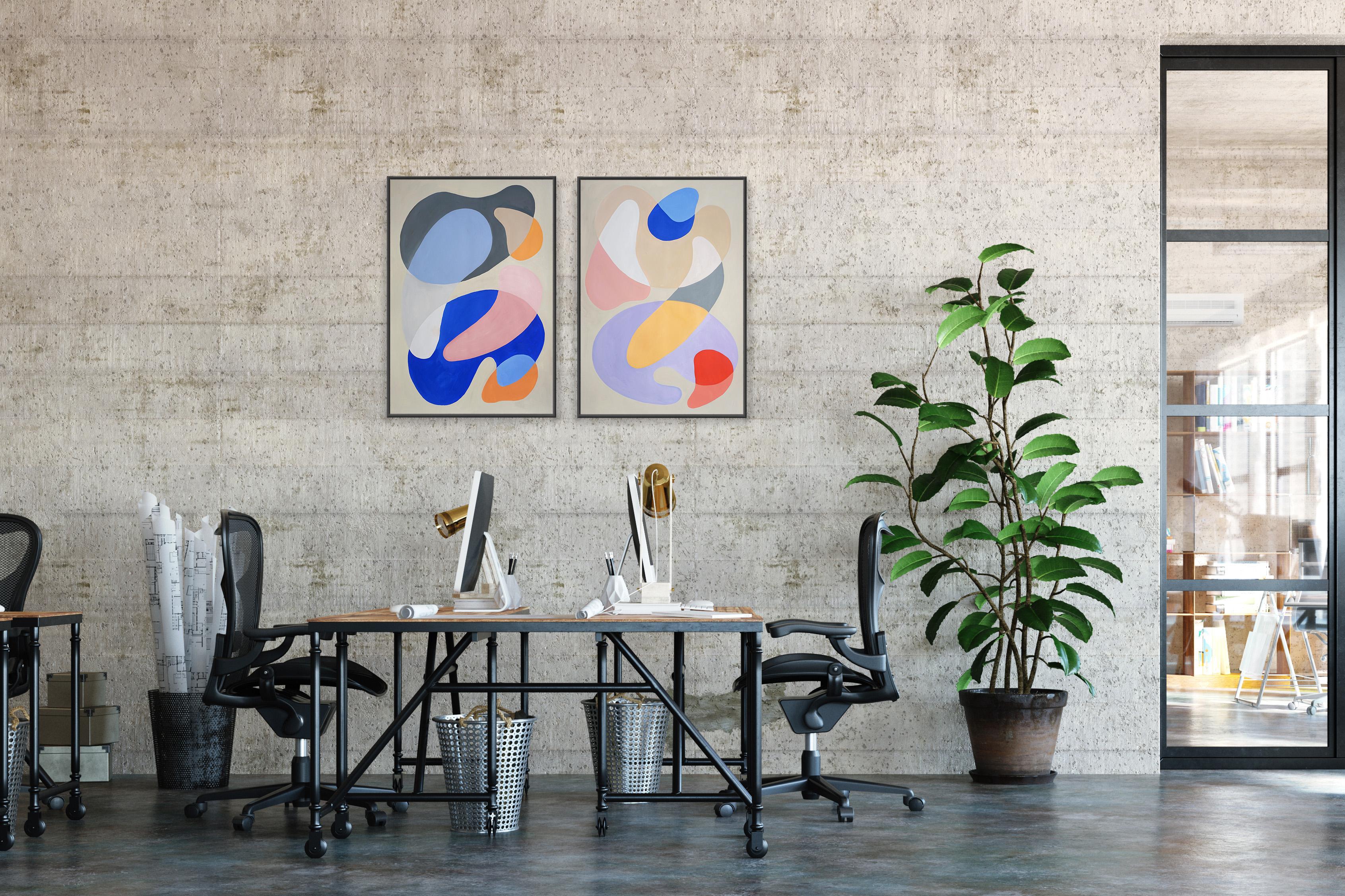 Two Dancers, Choreography Diptych of Abstract Figures in Pastel Tones on Paper For Sale 2