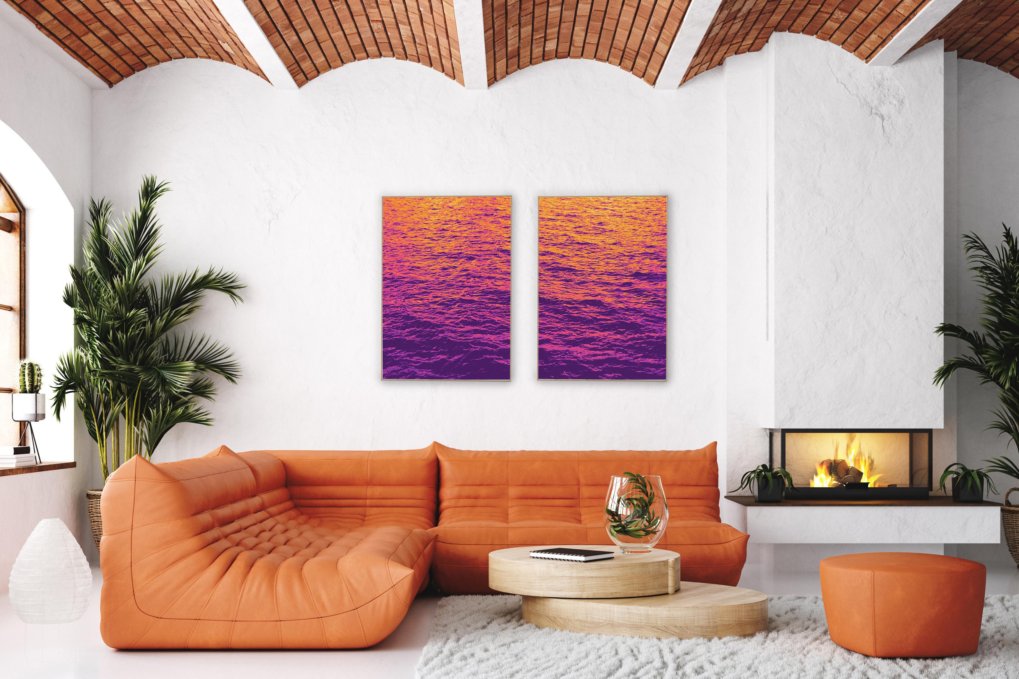 Burnt Ocean Waters, Abstract Diptych, Golden Yellow Pink, Mediterranean Seascape - Contemporary Print by Ryan Rivadeneyra