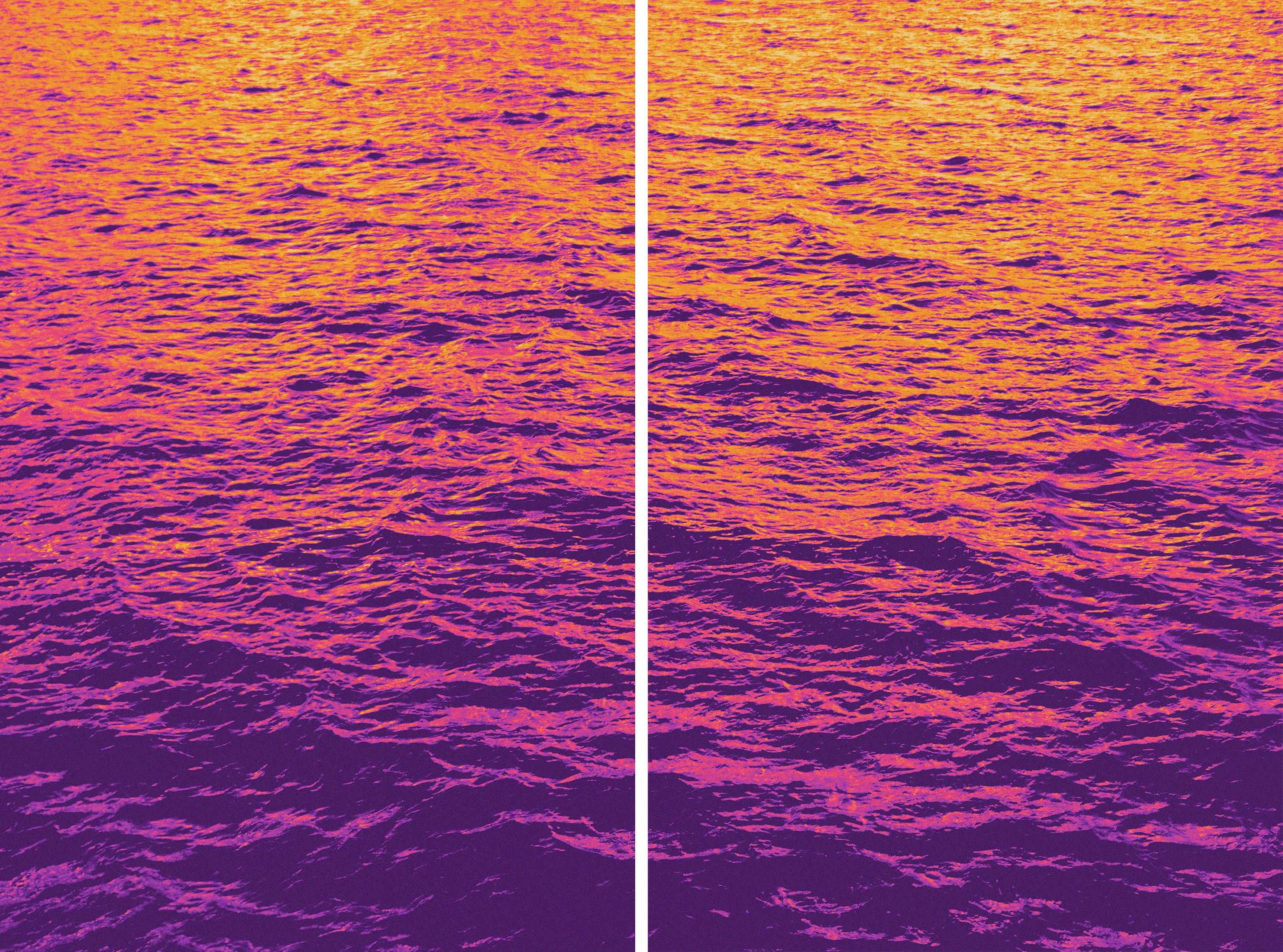 Eaux océaniques brûlées, diptyque abstrait, jaune d'or rose, paysage marin méditerranéen