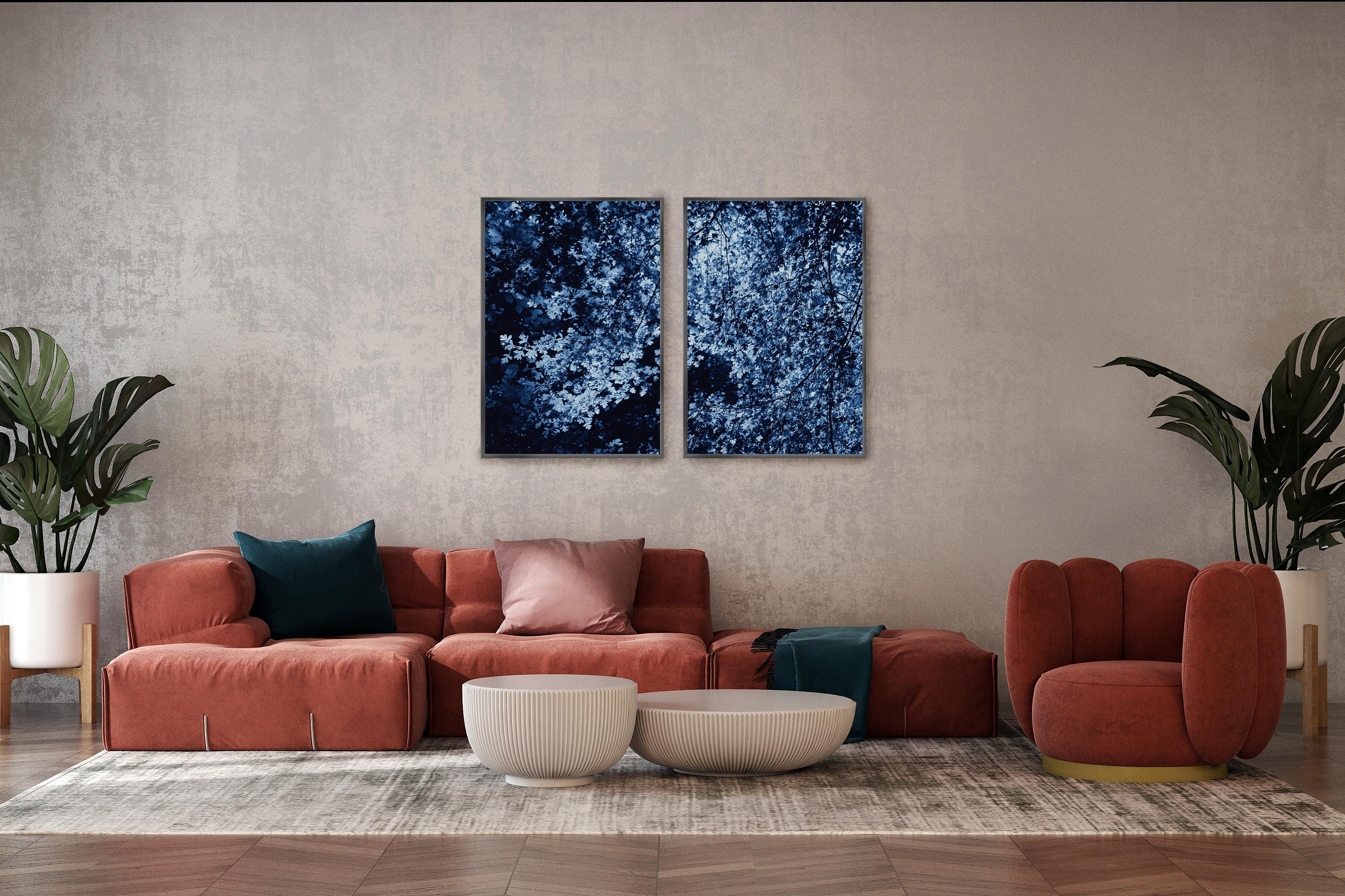 Dark Forest, Giclée Print Diptych Landscape, Blue Tones Impressionist Leaves  For Sale 1