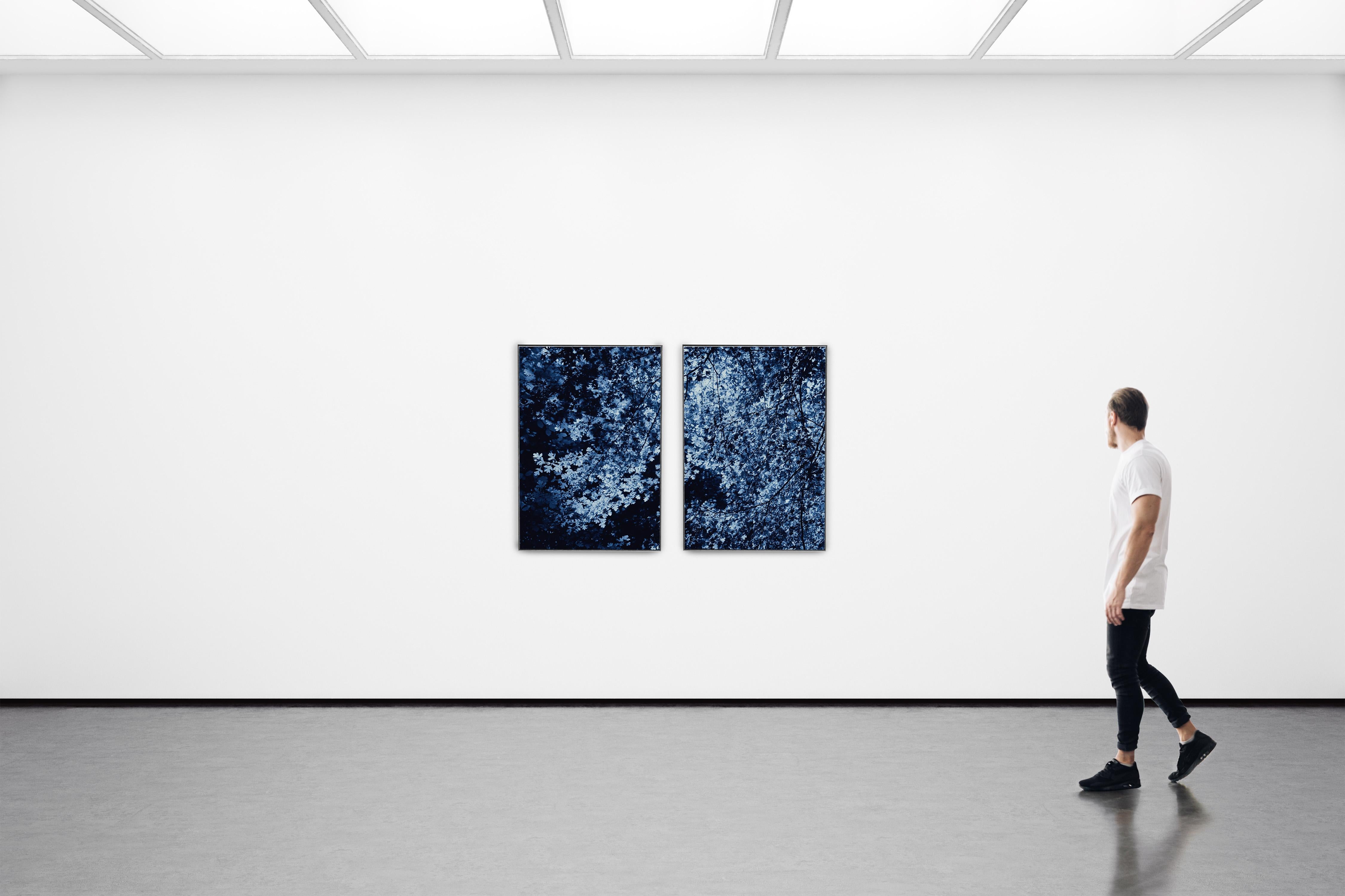 Dark Forest, Giclée Print Diptych Landscape, Blue Tones Impressionist Leaves  For Sale 3
