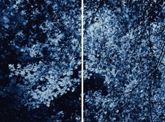 Dark Forest, Giclée Print Diptych Landscape, Blue Tones Impressionist Leaves 
