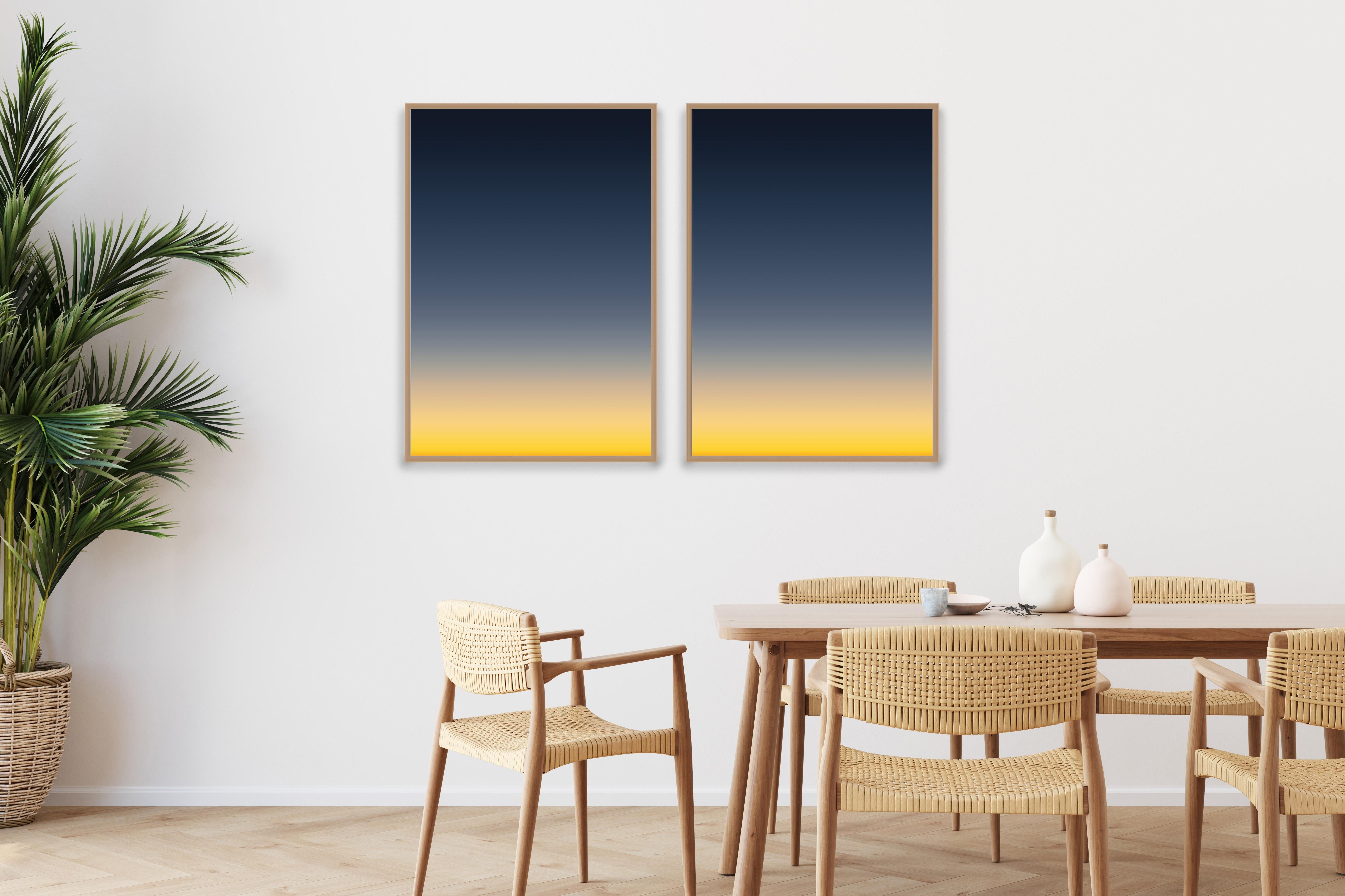 Dusk from an Airplane, Abstract Aerial Diptych, Giclée, Deep Blue to Yellow Hue - Contemporary Print by Ryan Rivadeneyra