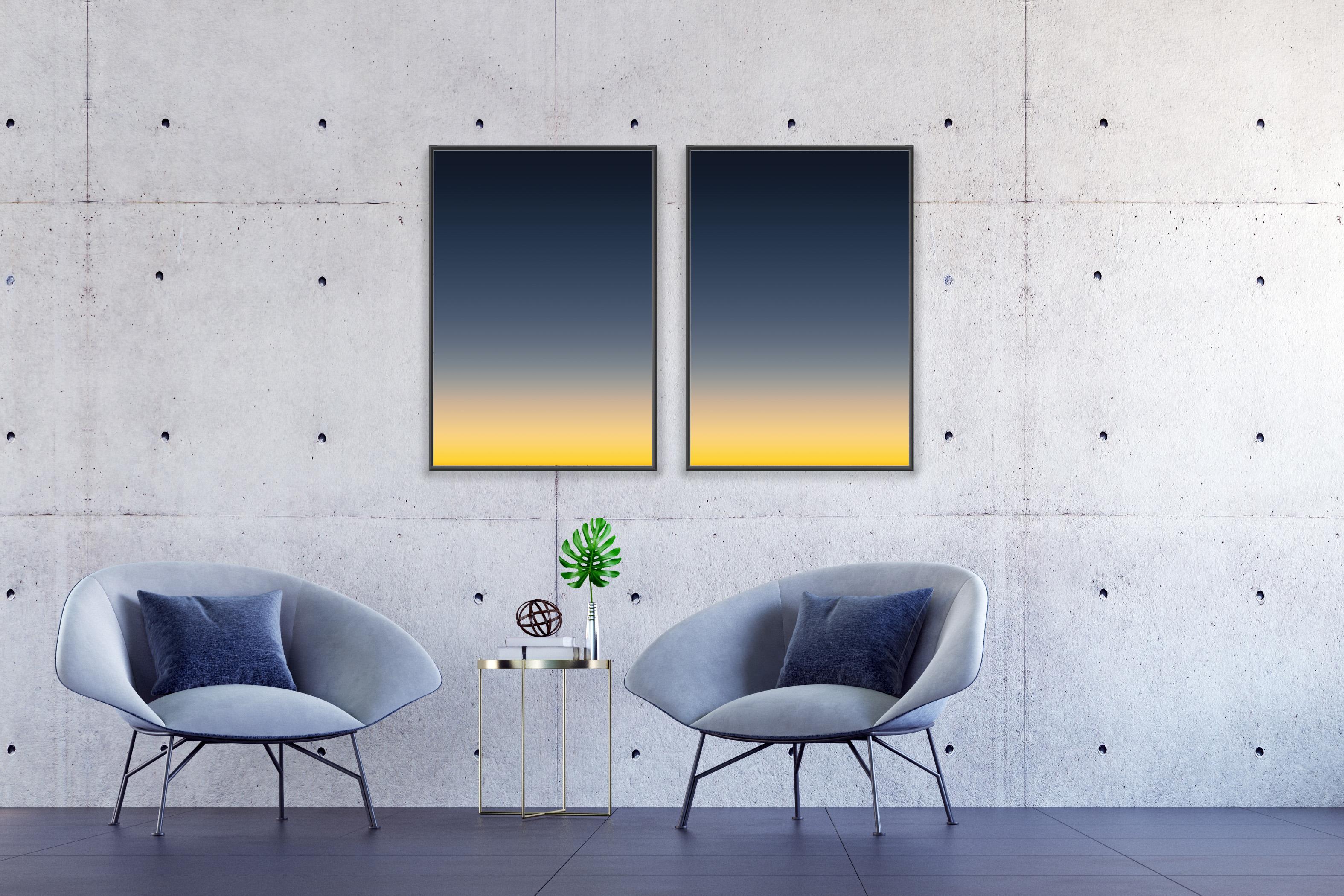 Dusk from an Airplane, Abstract Aerial Diptych, Giclée, Deep Blue to Yellow Hue - Black Landscape Photograph by Ryan Rivadeneyra