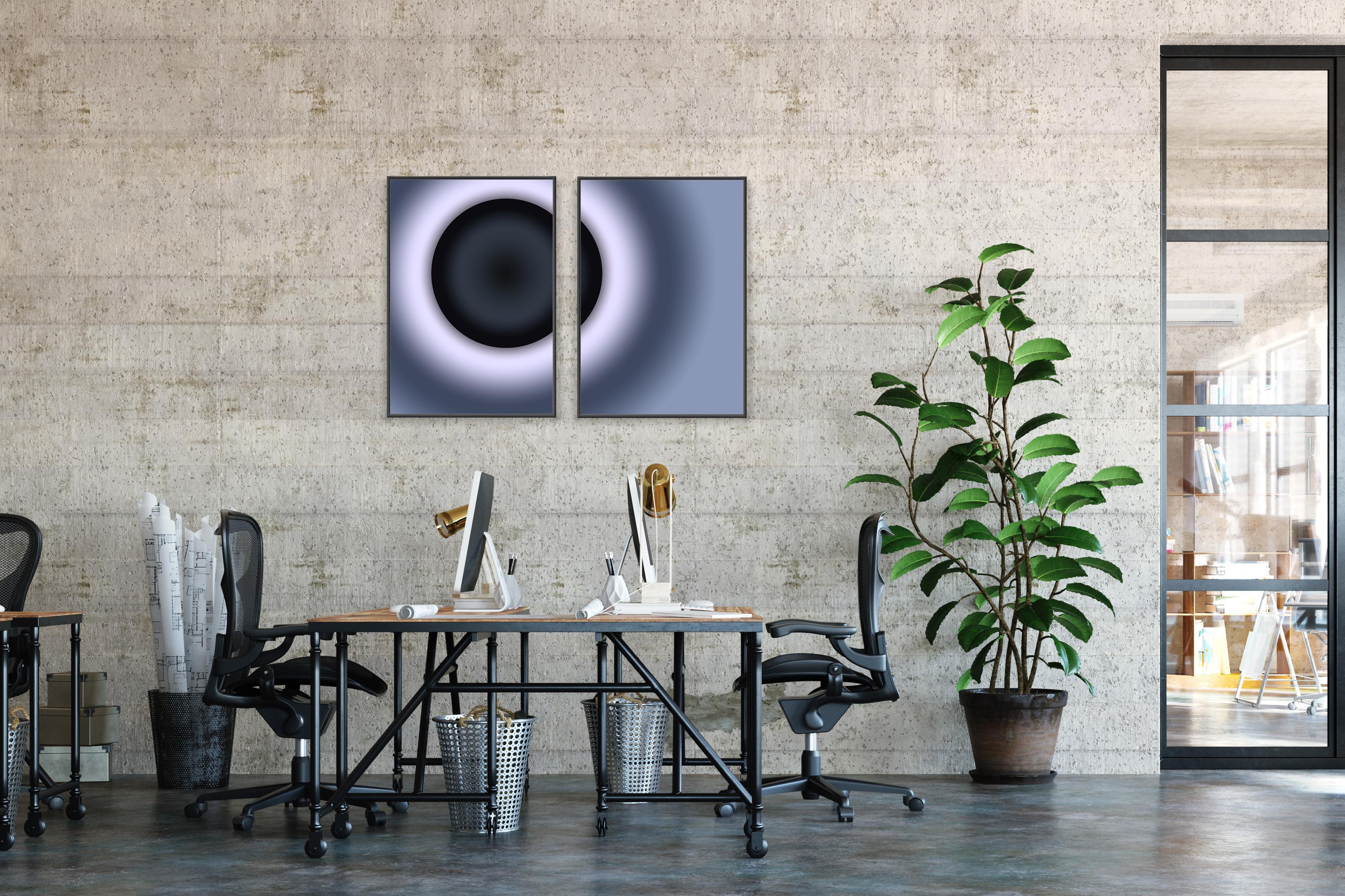 Diptyque éclipse, paysage galactique en noir et blanc, trou noir, impression spatiale  en vente 3