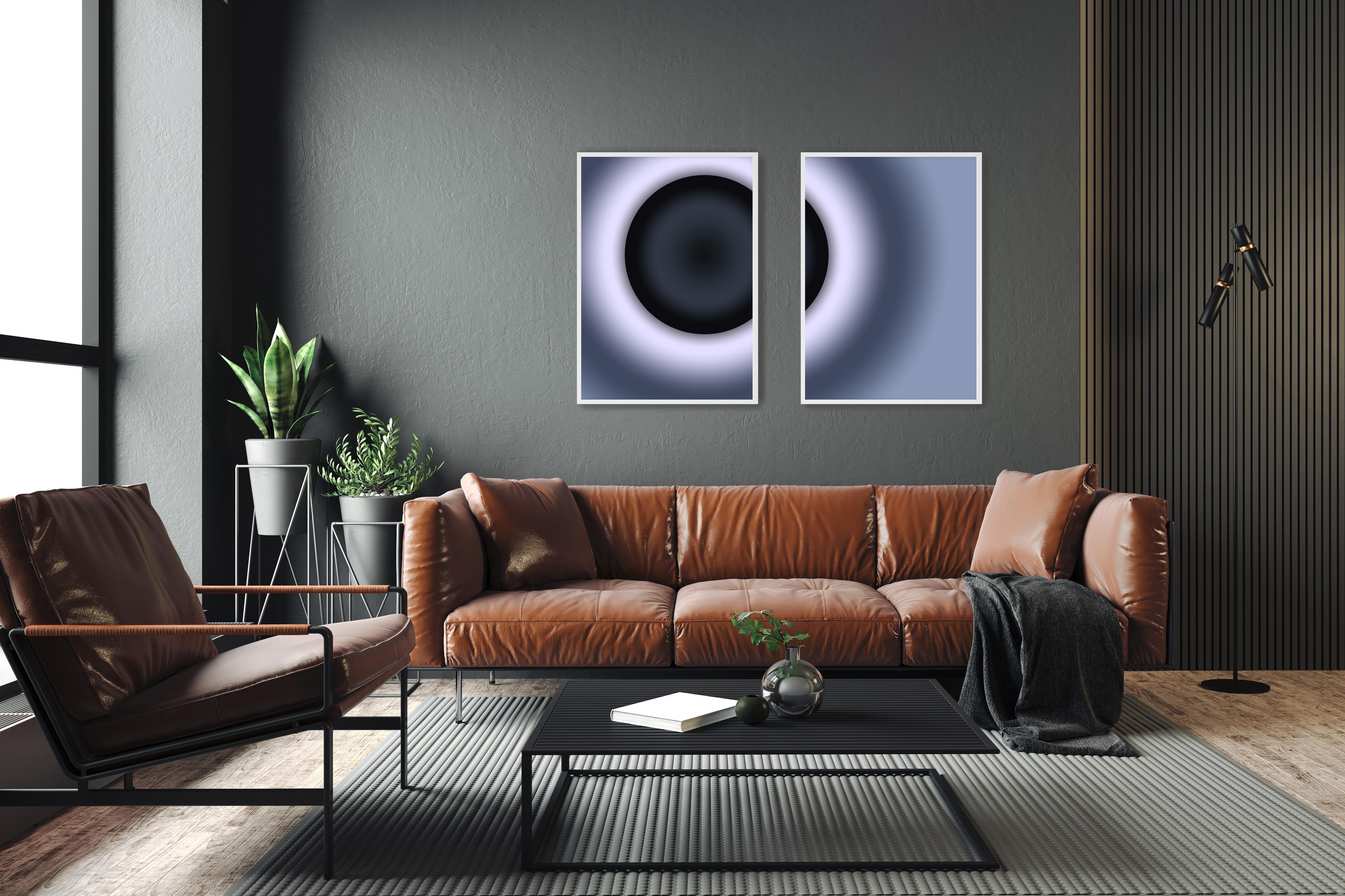 Diptyque éclipse, paysage galactique en noir et blanc, trou noir, impression spatiale  en vente 4