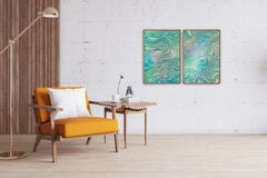 Marble Reflections Diptych in Green Emerald Stone, Pale Swirls, Abstract Shapes