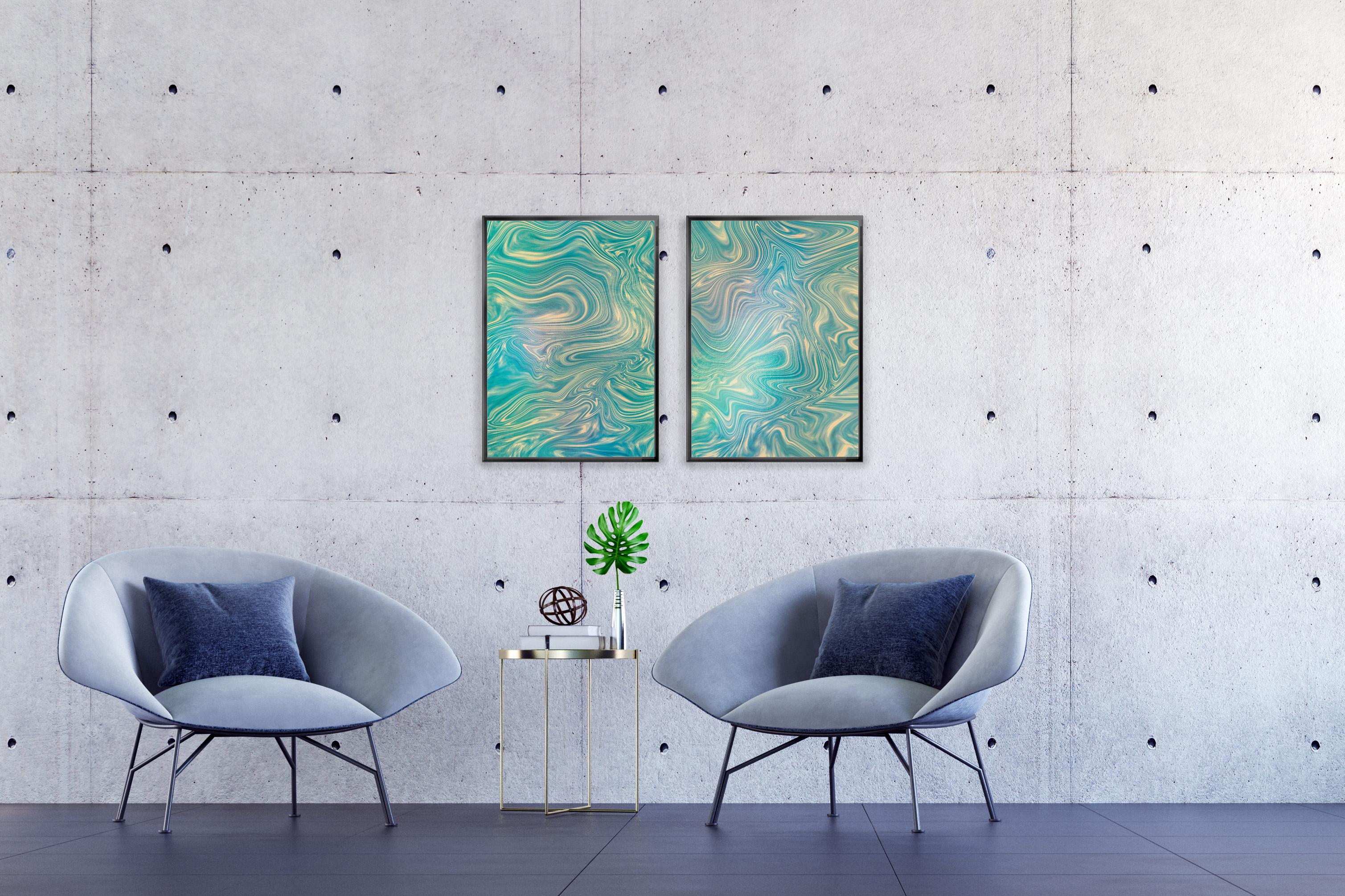 Marble Reflections Diptych in Green Emerald Stone, Pale Swirls, Abstract Shapes For Sale 2