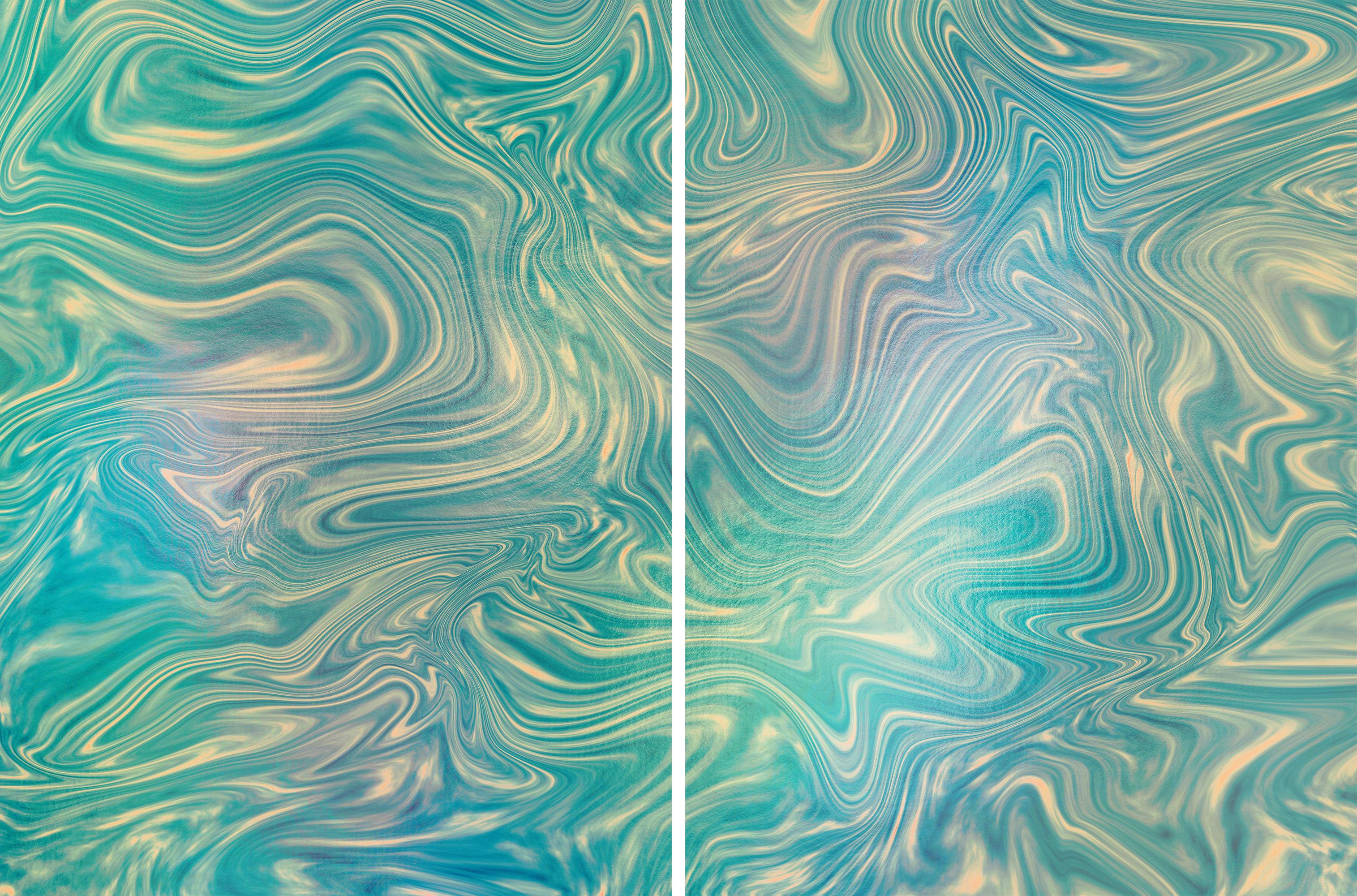 Ryan Rivadeneyra Landscape Photograph - Marble Reflections Diptych in Green Emerald Stone, Pale Swirls, Abstract Shapes