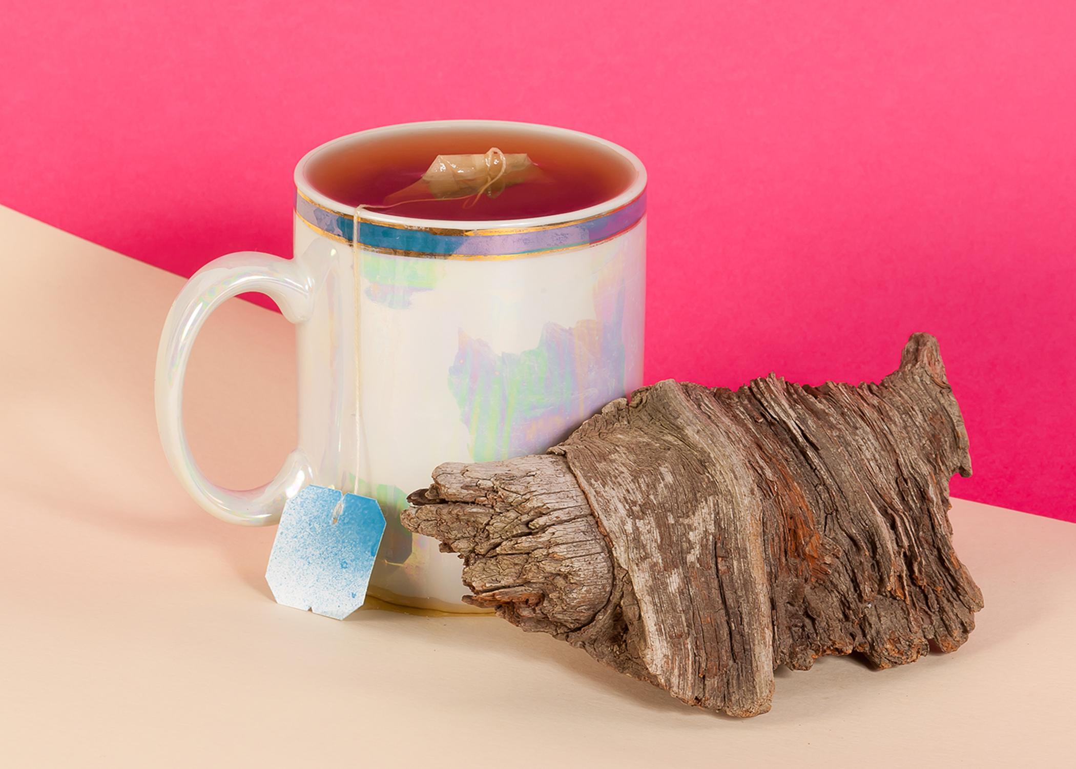 Pink Background Still Life Scene, Cup of Tea, Wood Croissant, Retro, Giclée  For Sale 3