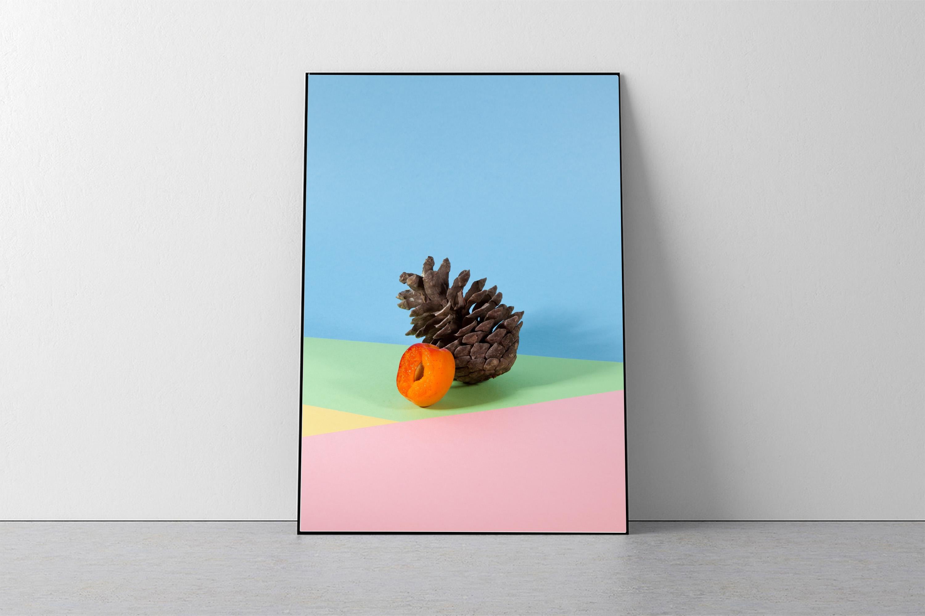 Vintage Miami Style Still Life Tropical Fruits in Pastel Tones, Pine, Persimon - Blue Still-Life Print by Ryan Rivadeneyra